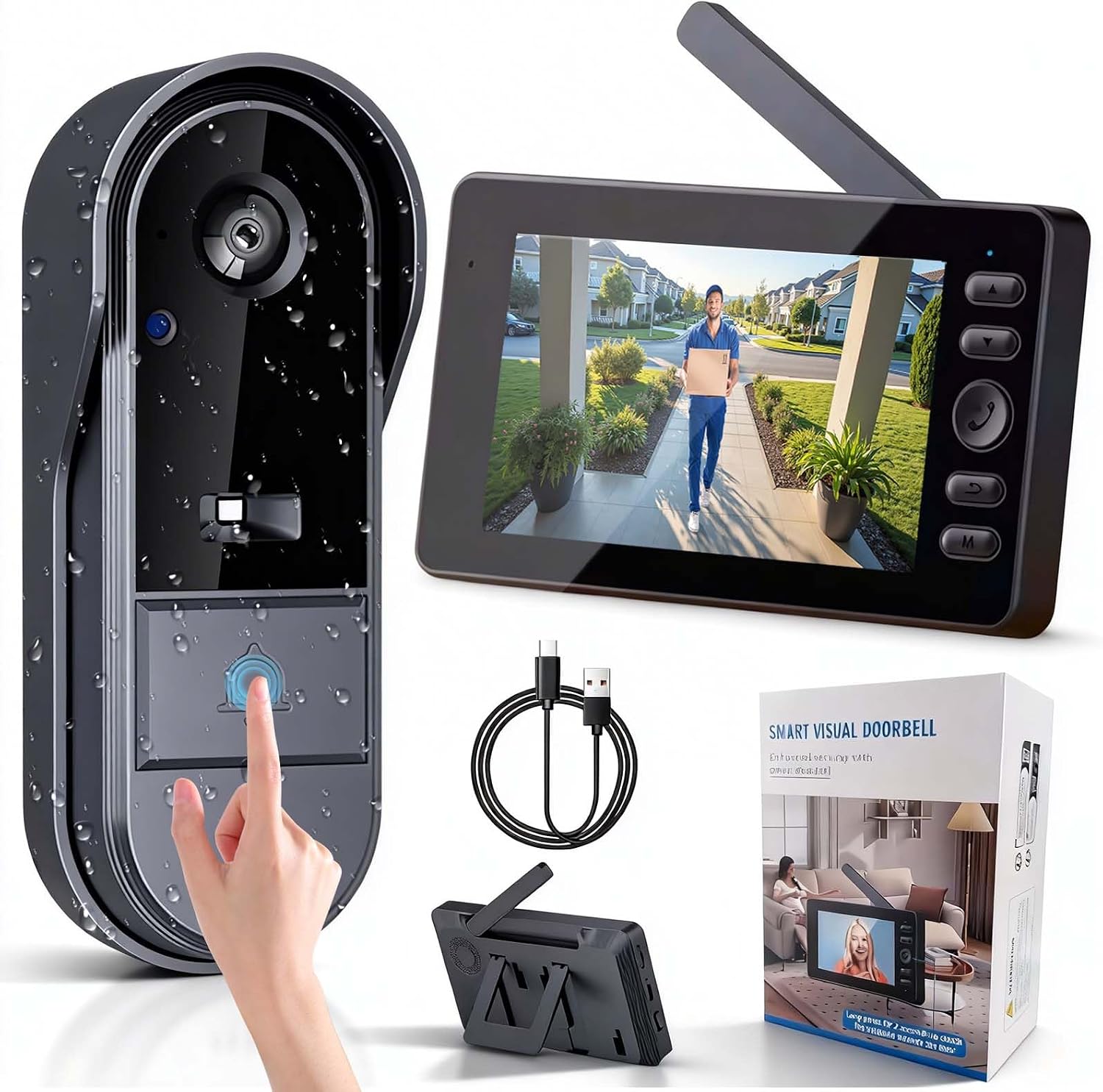 Video Doorbell Wireless with 4.3 Inch Screen, No WiFi No App Doorbell Camera, Two Way Audio, Night Vision, IP65 Waterproof, Doorbell Camera No Monthly Fee, Easy Use for Home and Elderly