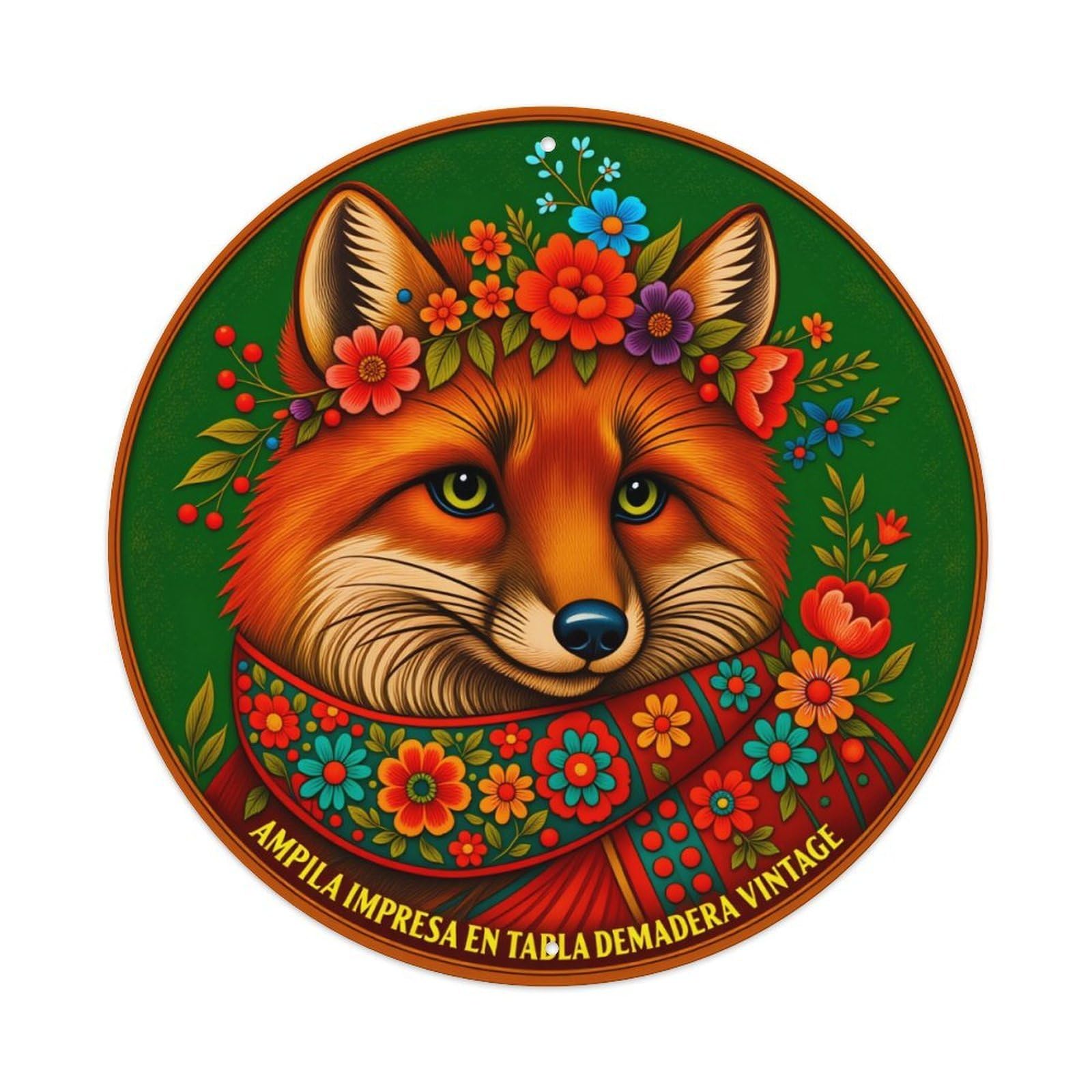 Fox Floral Vintage Wood Print Round Tin Sign Vintage Style Metal Sign Home Bar Garden Wall Plaque Decor Metal Poster 8x8 Inch