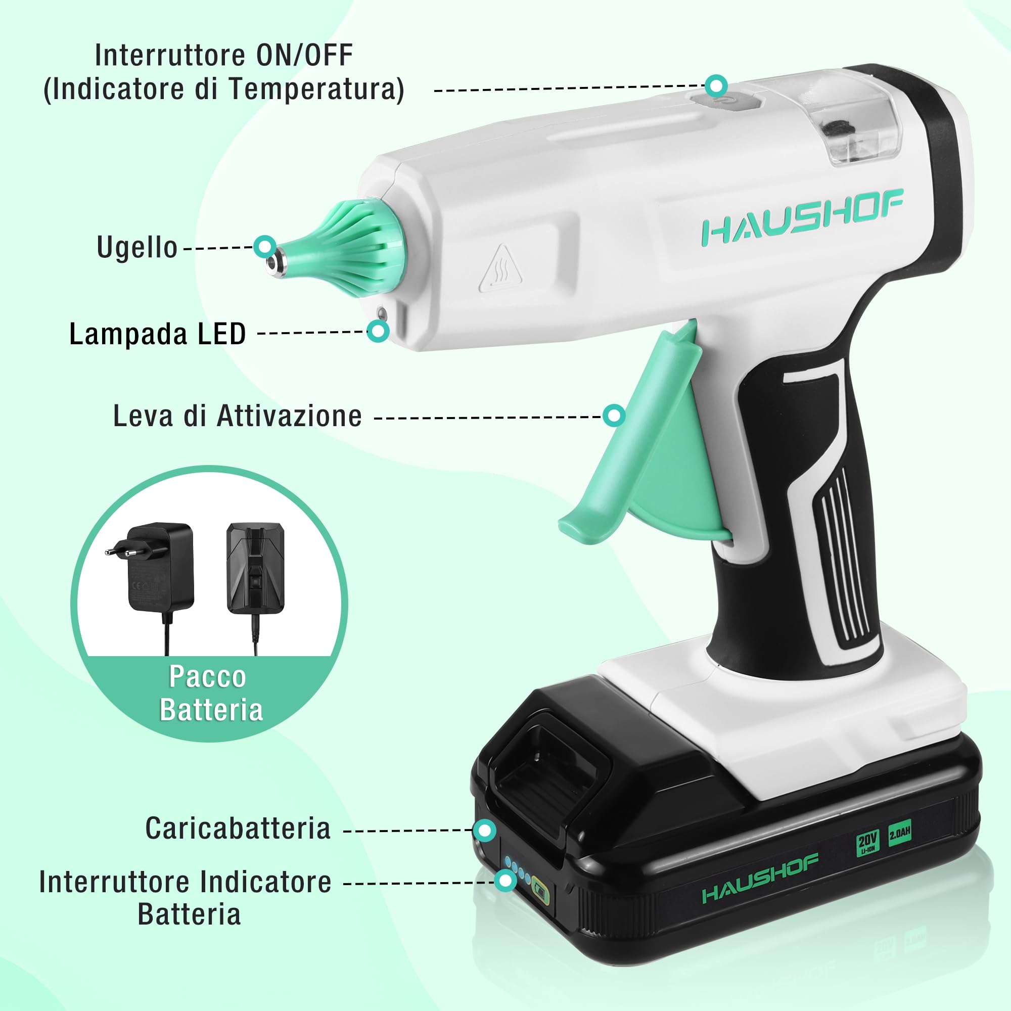HAUSHOF Pistola per Colla a Caldo Senza Fili da 20V con Batteria e Caricatore, 20 Stick di Colla 11x150 mm, Spegnimento Automatico e Riscaldamento Rapido per Fai da Te, Artigianato