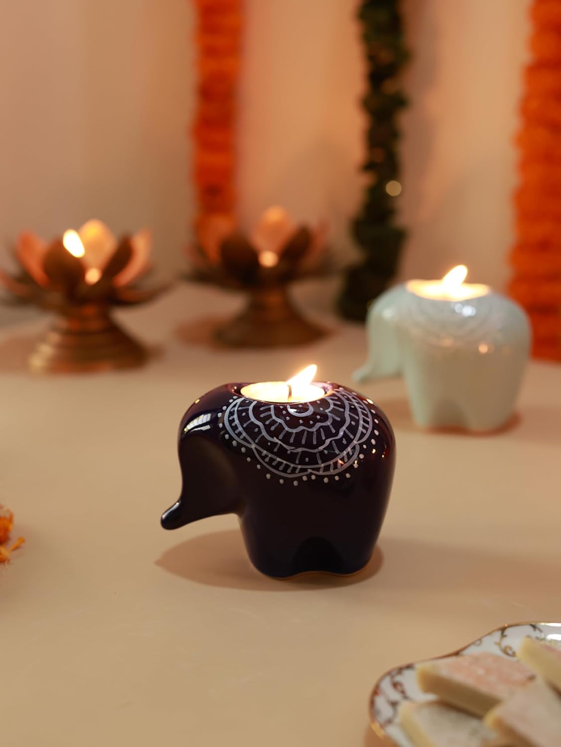 Buy Craftribal's Elephant Shaped Dark Blue Ceramic Table TeaLight