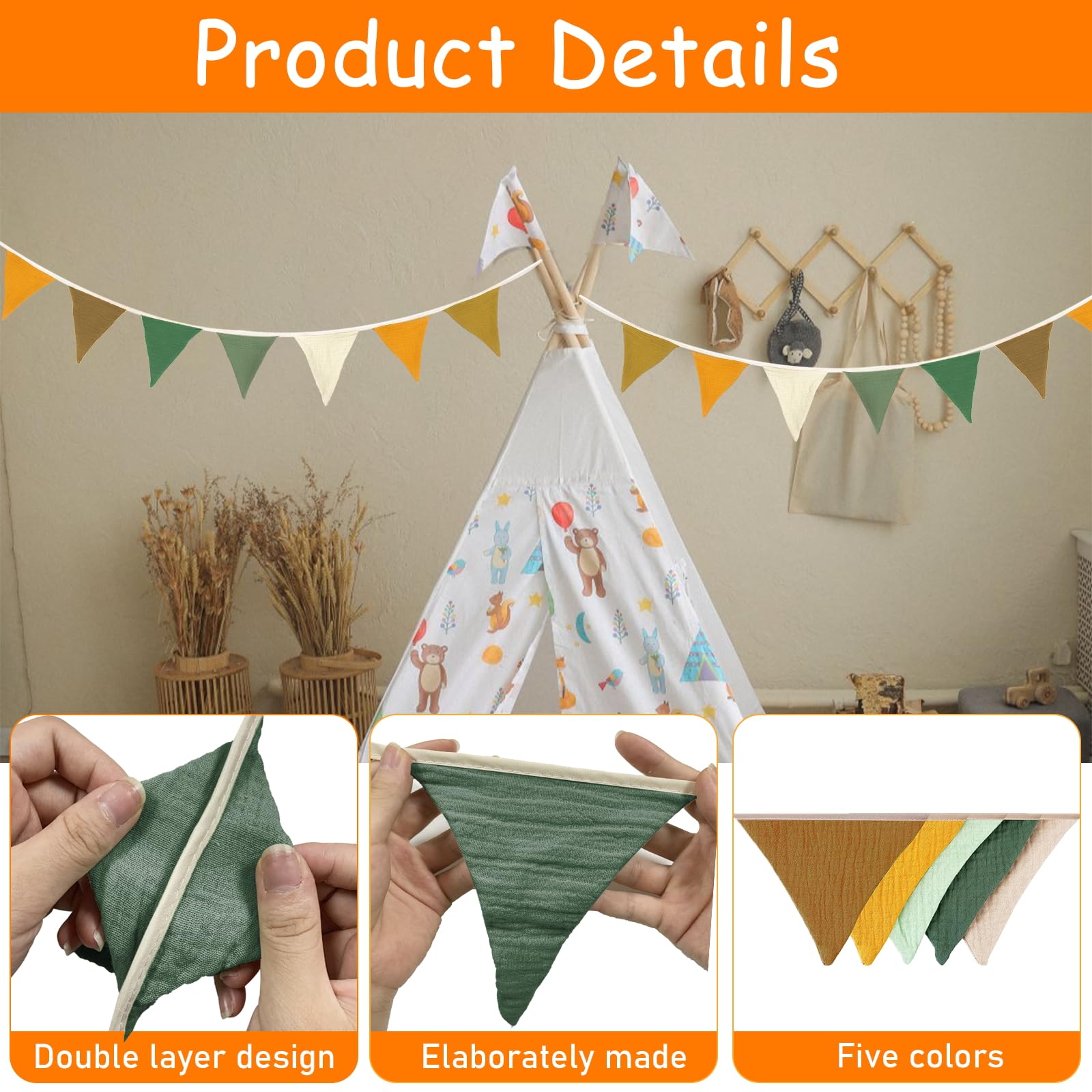 Guirlande Fanions Triangle Tissu 2,6m - Décoration Chambre Bébé, Mariage, Fête | Double Face, Lavable, Couleur Vive