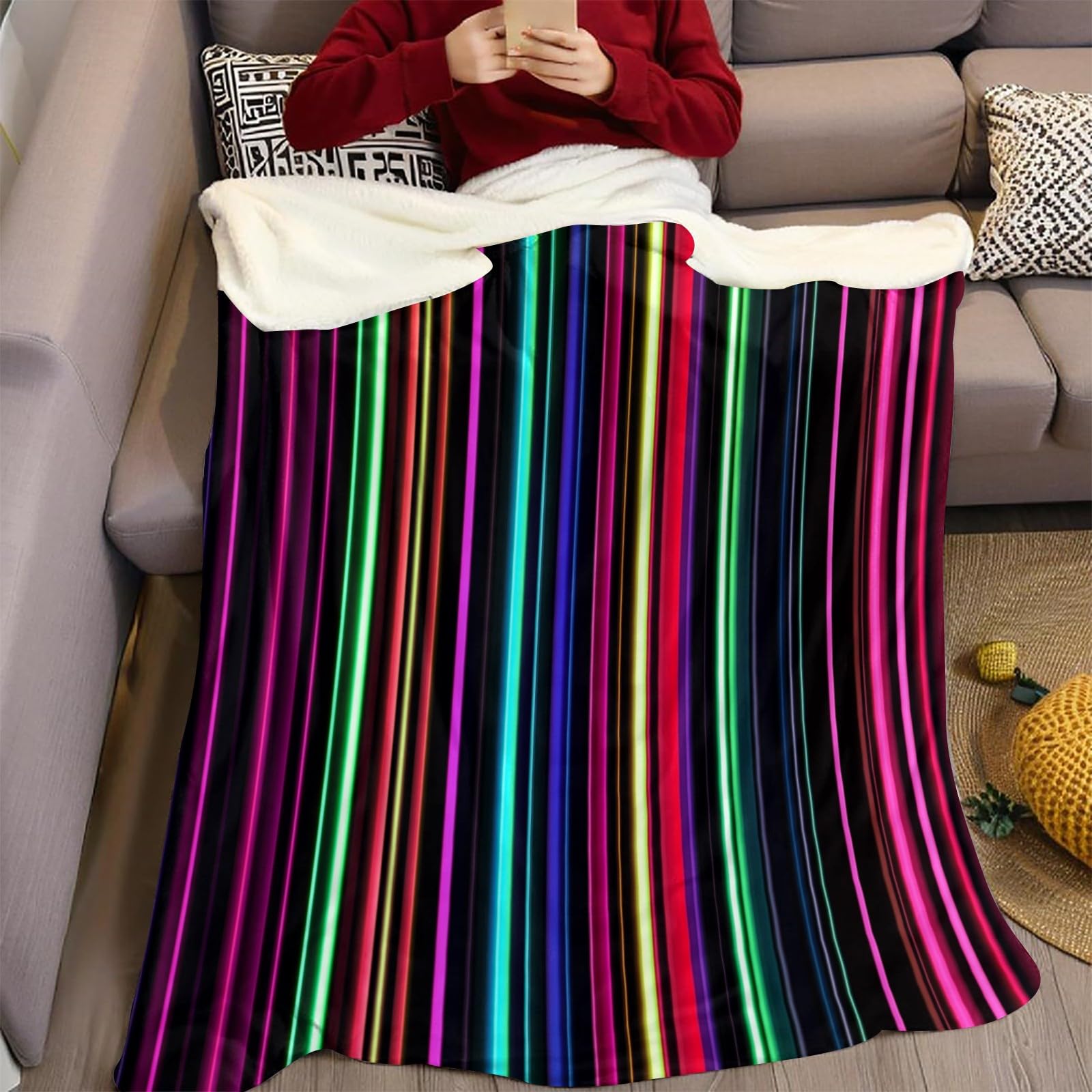 Couverture Polaire Rayures néon 220x240 cm Plaid Flanelle Super Doux et Chaud, Léger et Confortable, Jeté de Canapé, Couverture Voyage Enfant et Adulte, Noir
