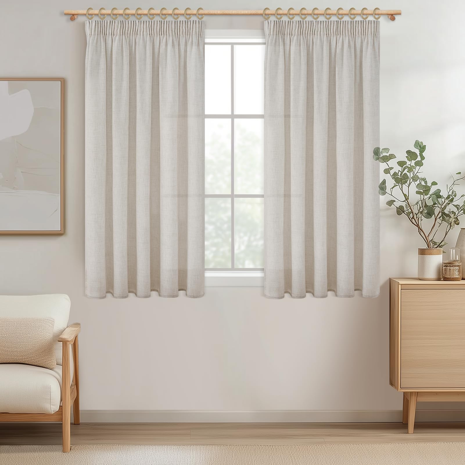 MRTREES Cortinas Lino Cortas para Ventanas 140x160 CM Cortinas Salon Modernas Translucidas 2 Piezas Cortina Visillo con Ganchos para Dormitorio Comedor Habitacion, Blanco Marfil Global Recycled Standard Global Recycled Standard Global Recycled Standard