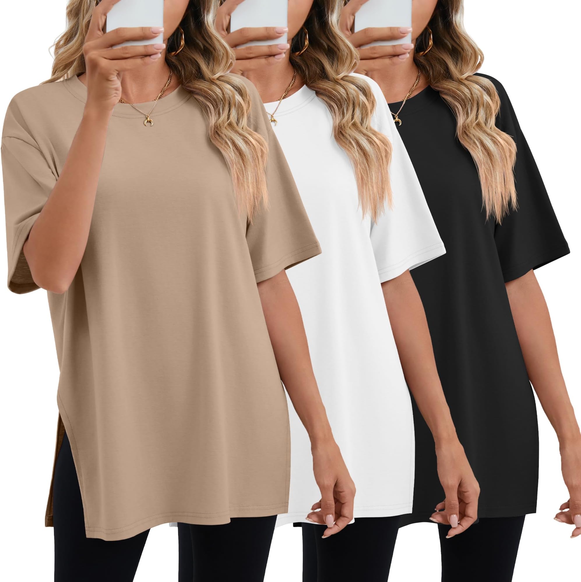 3-Pack Women's Oversized Gym Tops Short Sleeve Side Split Crewneck Casual Loose Fit Workout Shirts