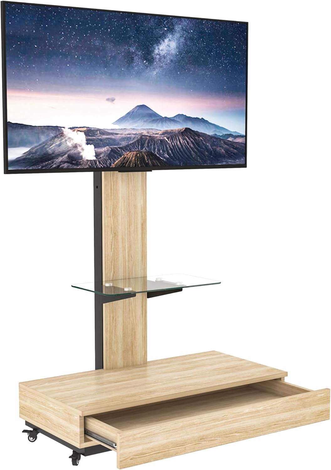 Mobile TV Stand with Drawer, Adjustable TV Cart for 32-75 inch TVs, Floor Stand with Lockable Wheels for Living Room, Bedroom, Office (Natural, 49.21" H x 31.5" L x 15.75" W)
