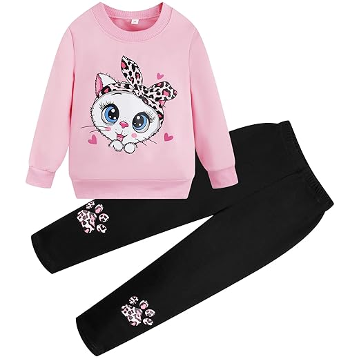 zarmfly Girl Cat outfit 2 Piece Long Sleeve Crewneck Sweatshirt Kids Leggings Pants Set Pink Sweatsuit Toddler Winter Kitty Clothes 7-8 Years