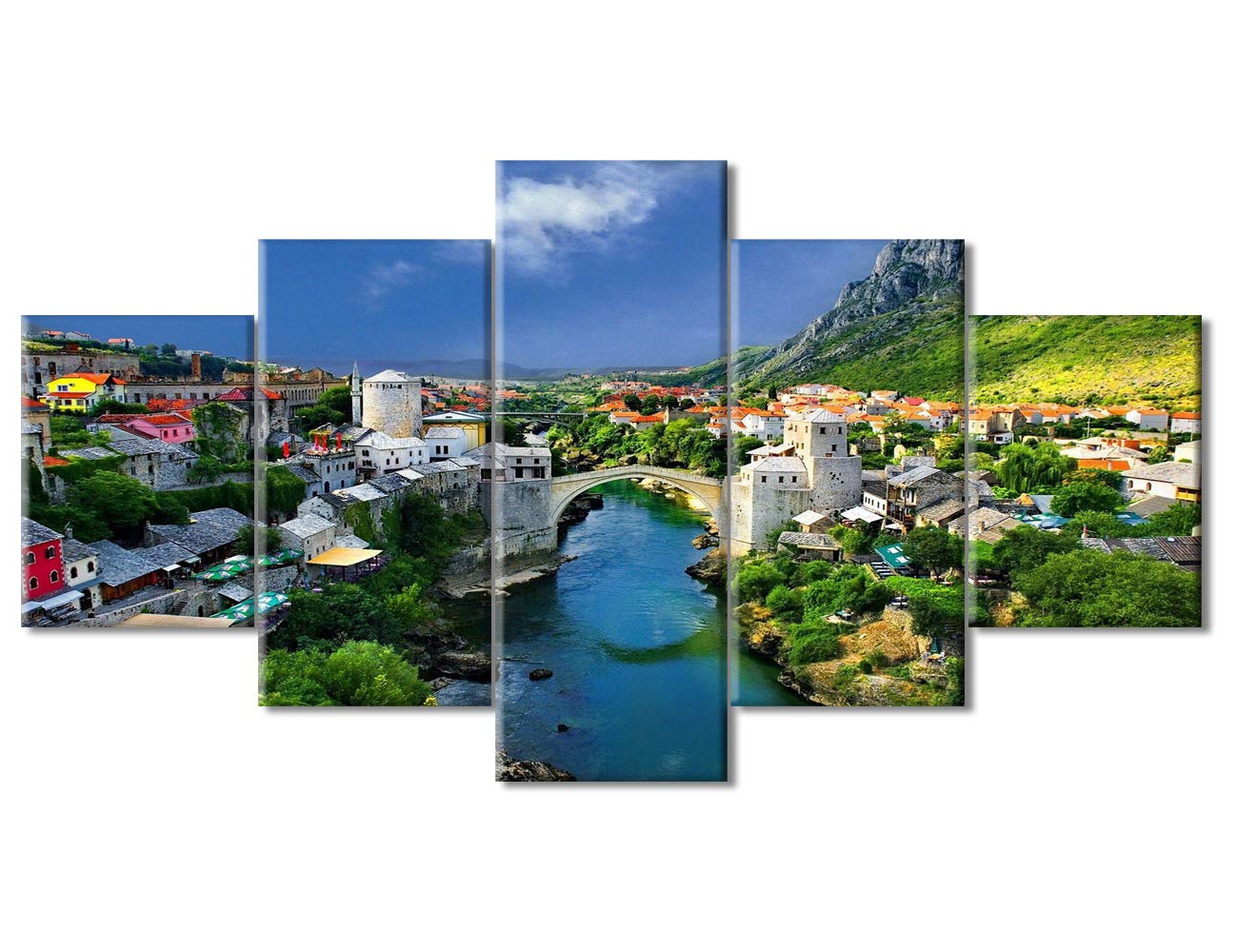 Mostar Bridge in The Town of Mostar Wall Decorations for Living Room Mostar in Bosnia and Herzegovina Wall Art 5 Piece Room Decor Modern Home Decor Giclee Wooden Framed Ready to Hang (60''W x 32''H)