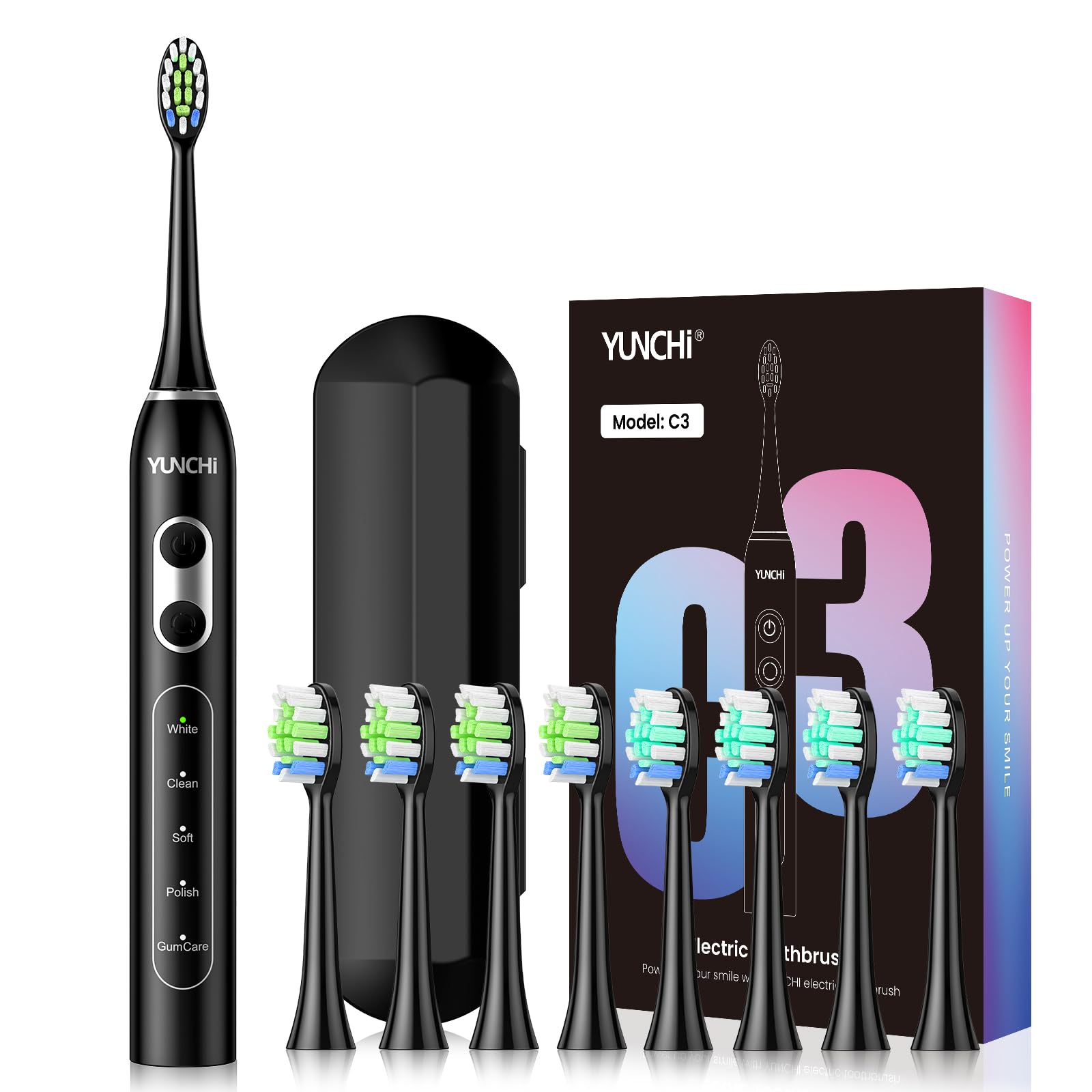 YUNCHI Sonic Electric Toothbrush for Adults, Kids Electric Toothbrush with 8 Brush Heads, One Charge for 55 Days, 5 Models & 2 Minutes Built in Smart Timer, Travel Case & 44000 VPM Motor,Black-image-23