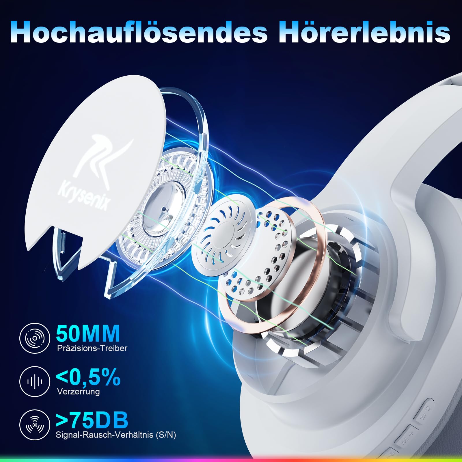 Krysenix PG3 2,4 GHz Cascos Gaming Inalámbricos para PS5, PS4, PC, Mac, Switch, Auriculares Inalámbricos Bluetooth 5.4 con micrófono Desmontable, 7.1 Sonido Envolvente, Duración 48Hr, Luz LED