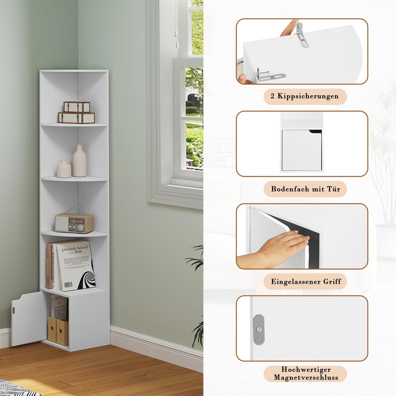 WOLTU Étagère d'angle à 5 Niveaux, Meuble d'angle, Blanc, 1 Placard avec Porte, en Bois d'Ingénierie, SK038ws