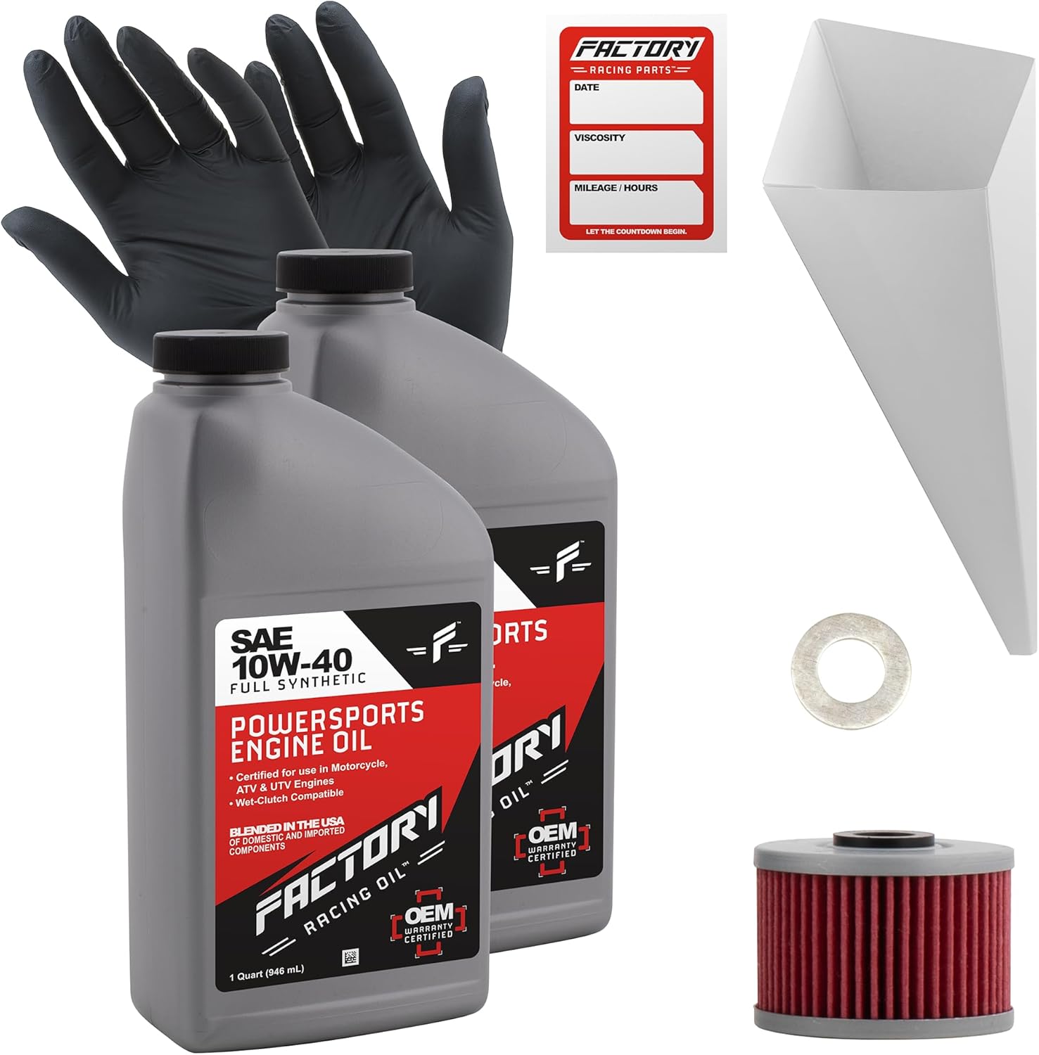 Factory Racing Parts Oil Change Kit compatible with Kawasaki BN125 KFX450R – Includes 2 Quarts of SAE 10W-40 Full Synthetic Oil, 1 Filter, 1 Crush Washer, 1 Funnel, 1 Oil Change Reminder Sticker