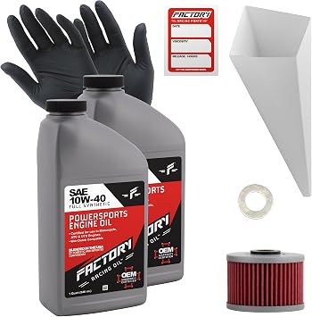 Factory Racing Parts Oil Change Kit compatible with Kawasaki BN125 KFX450R Includes 2 Quarts of SAE 10W-40 Full Synthetic Oil, 1 Filter, 1 Crush Washer, 1 Funnel, 1 Oil Change Reminder Sticker