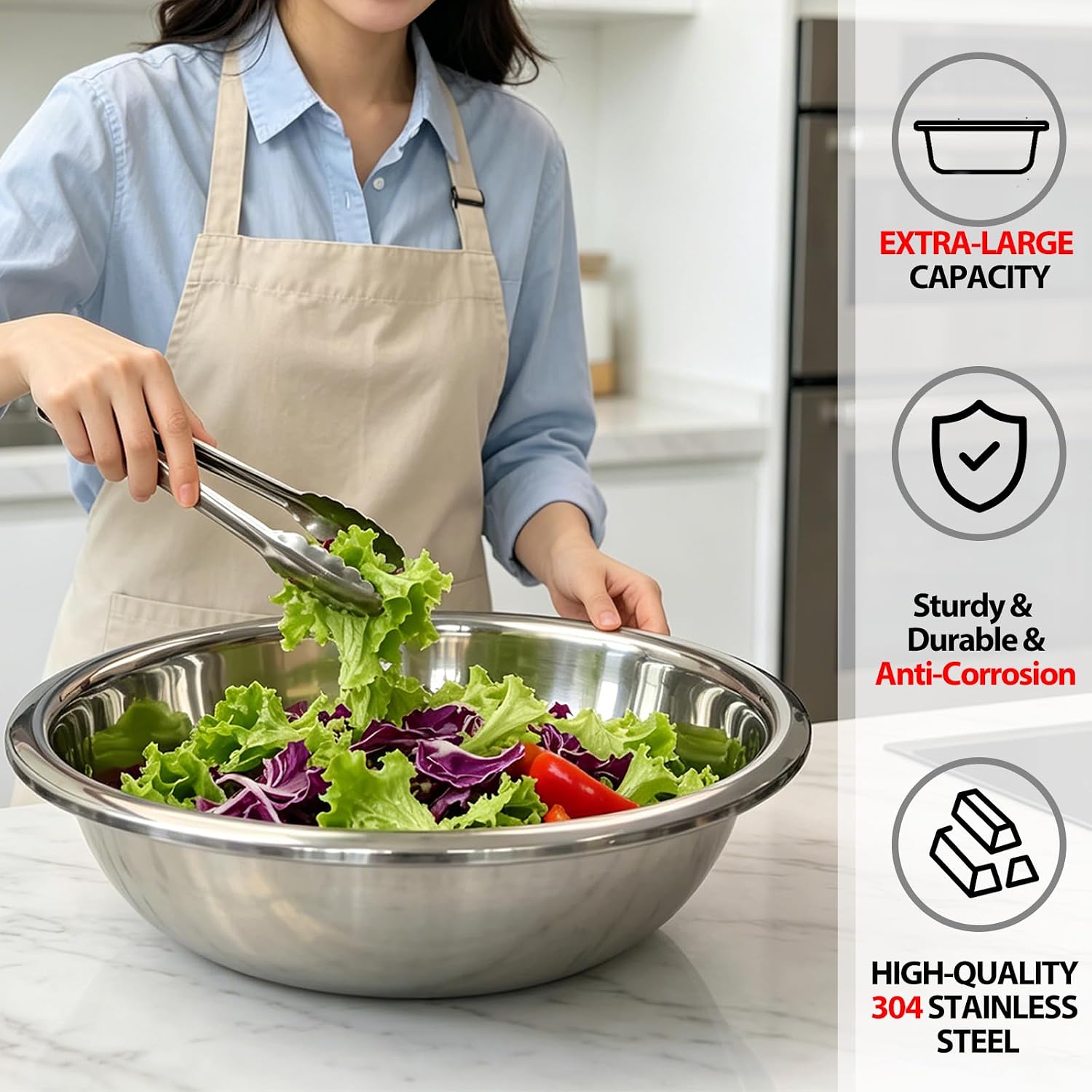 2 Pack 50 Quart Mixing Bowls, 304 Stainless Steel Extra Large Capacity Stackable Bowls, 27.5" Silver for Commercial Kitchens, School Cafeterias, Large Families, School Cafeterias