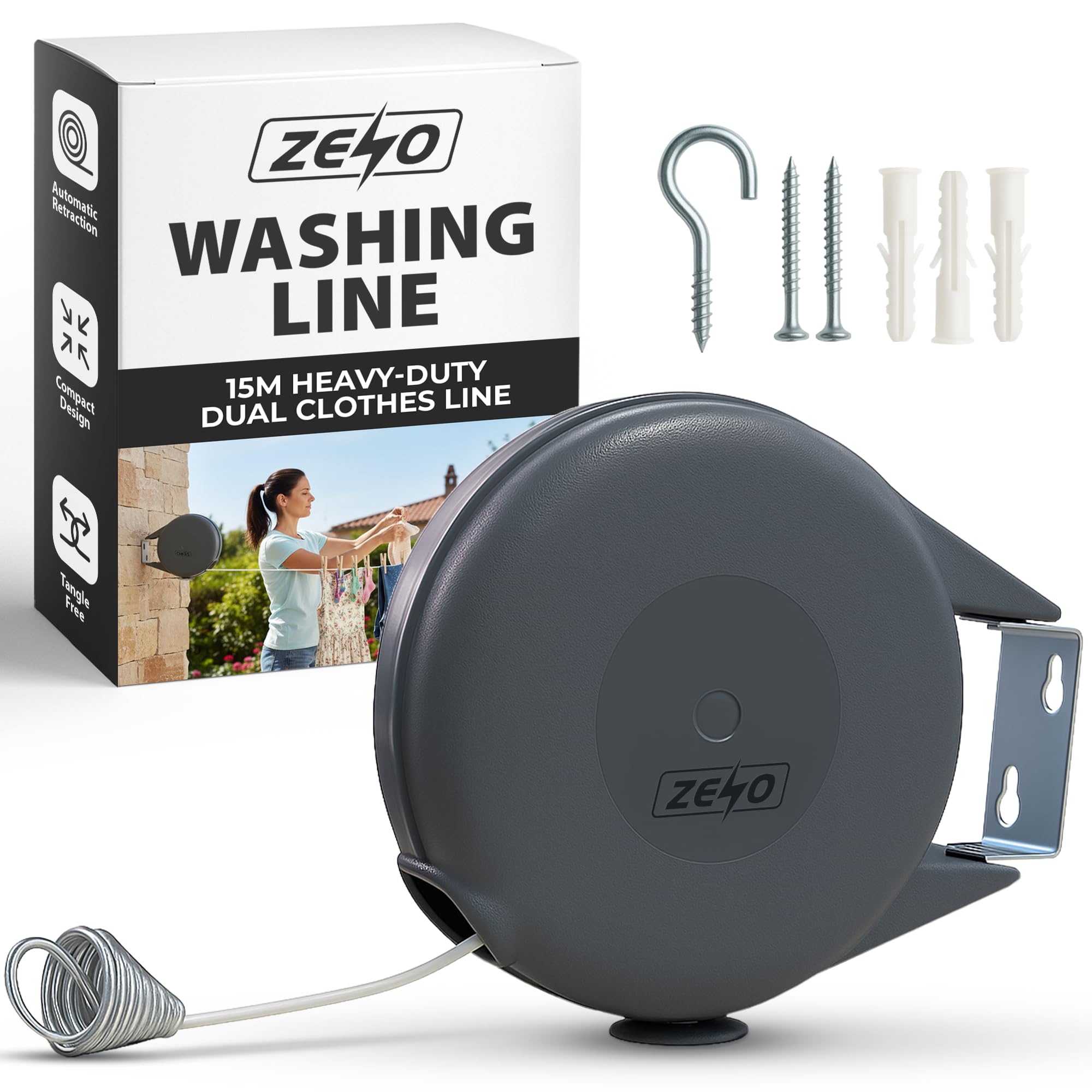 Zeno Black Retractable Washing Line 15M | Heavy Duty Dual Clothes Line With Automatic Retraction | Wall Mounted Laundry Airer For Indoor And Outdoor Use | Compact Space Saving Design | 15Kg Capacity Grey