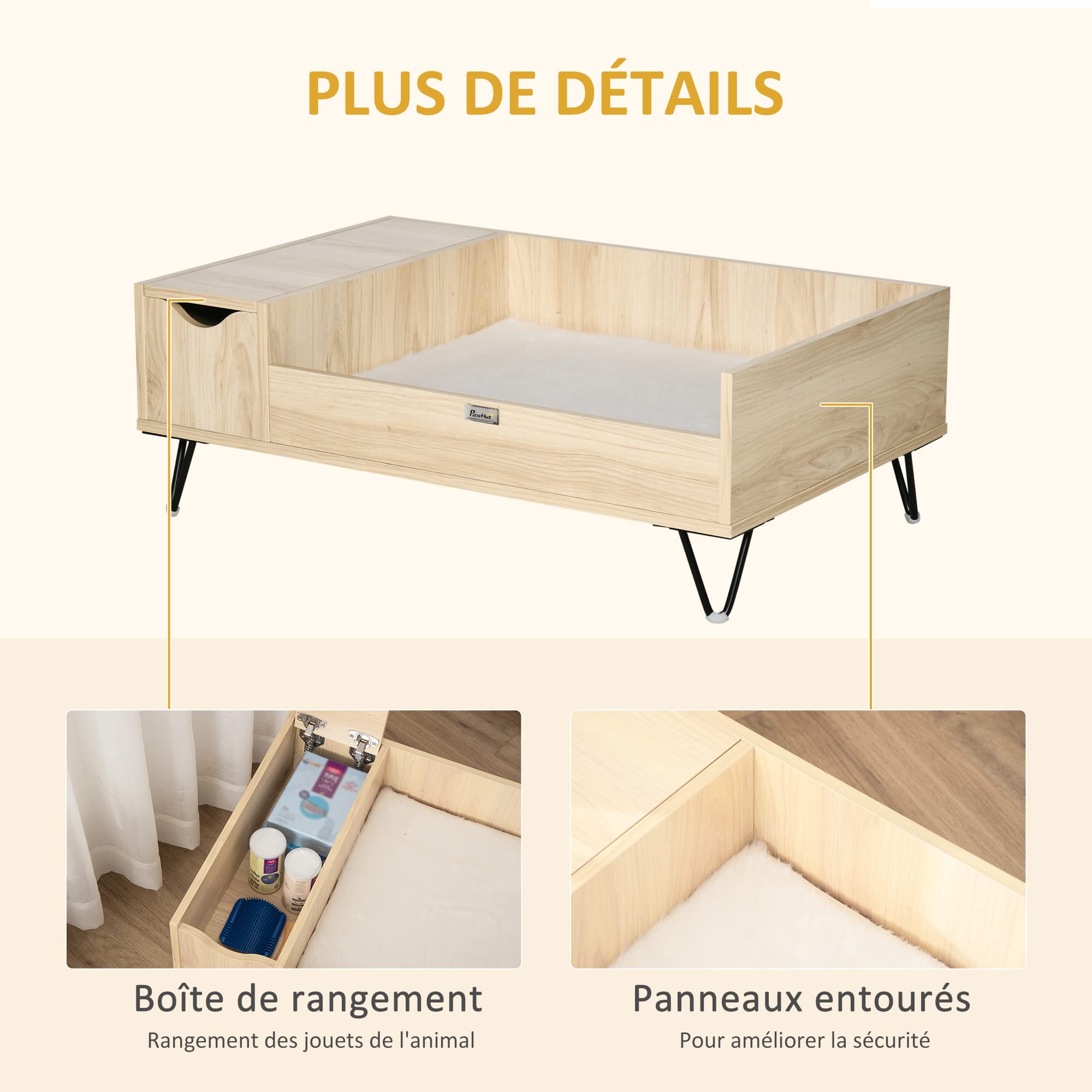 PawHut Canapé lit Panier surélevé pour Chien et Chat avec Coussin Moelleux et Rangement Housse Lavable, Pieds en Acier Aspect Bois Clair