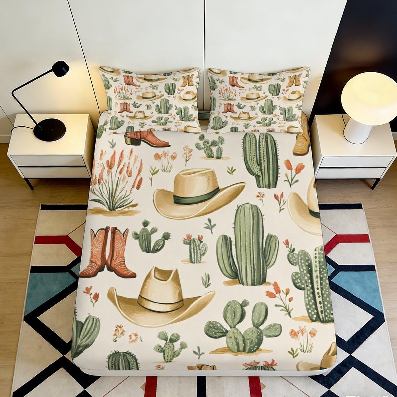 3D Printed Western Cowboy Cactus Fitted Sheet Microfiber Soft Breathable Desert Boots Bed Sheet for Bedroom Guest Room Decor 90x200x25cm