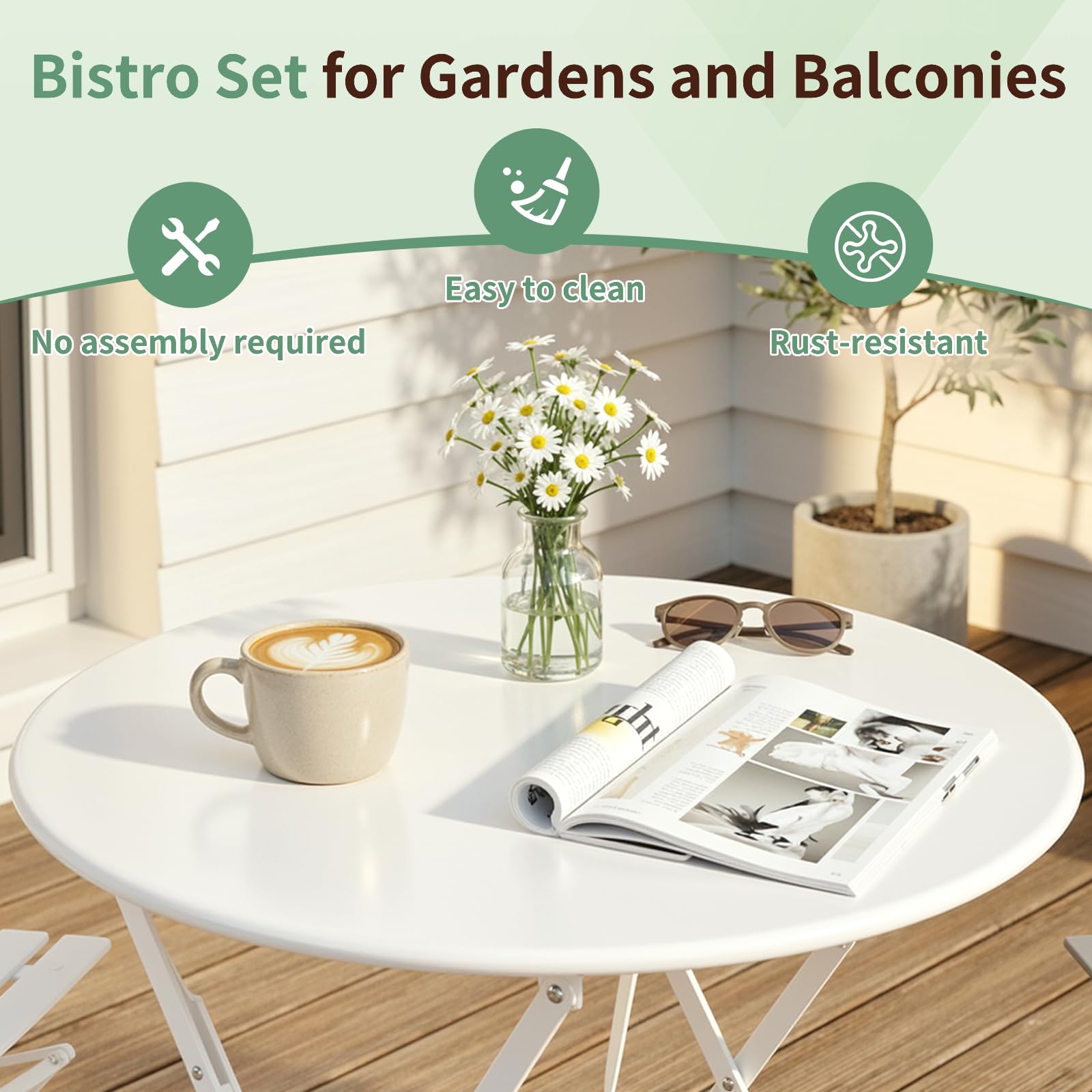 LIFERUN Zestaw bistro 3-częściowy, składany, metalowy zestaw mebli balkonowych na mały balkon, odporny na warunki atmosferyczne, 1 składany stół z 2 składanymi krzesłami, zestaw wypoczynkowy na taras