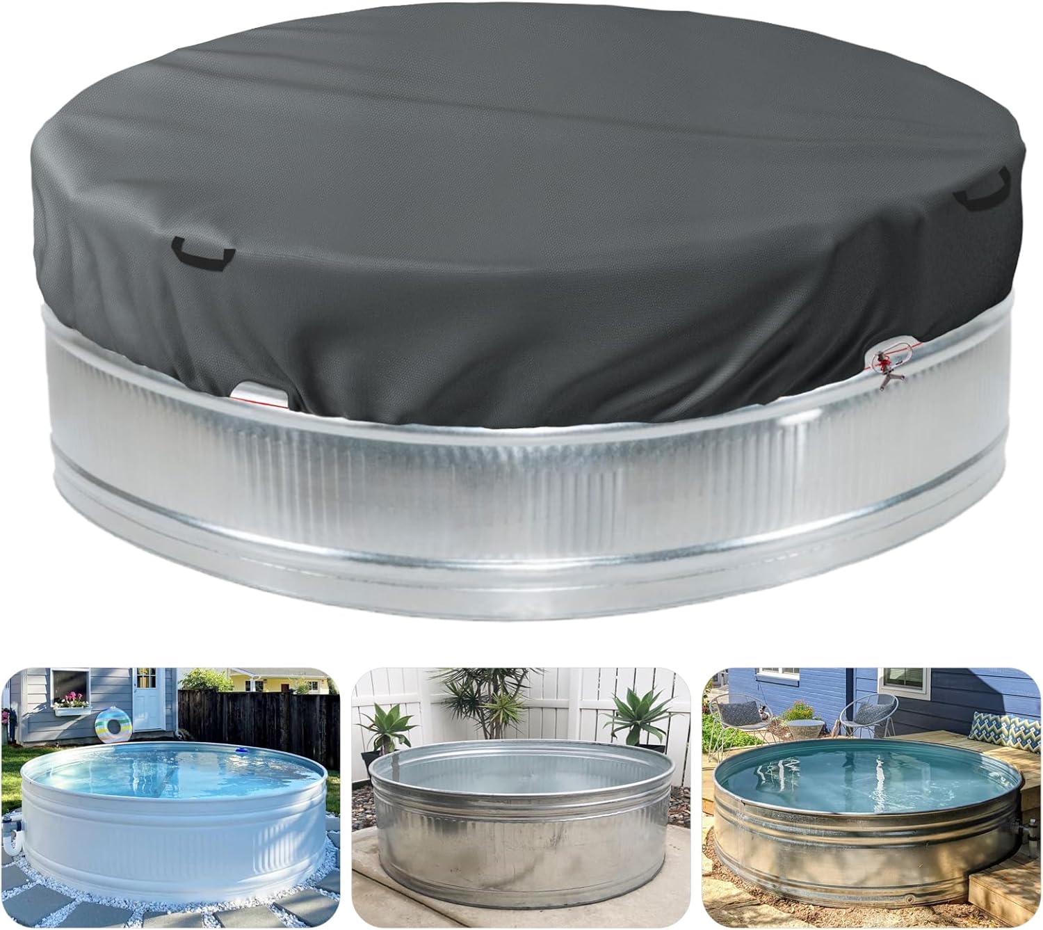 5-6 ft Steel Round Stock Tank Pool Cover - Heavy Duty Waterproof Covers for Trough Pool, Wire Rope & Winch Design Increase Stability - Black