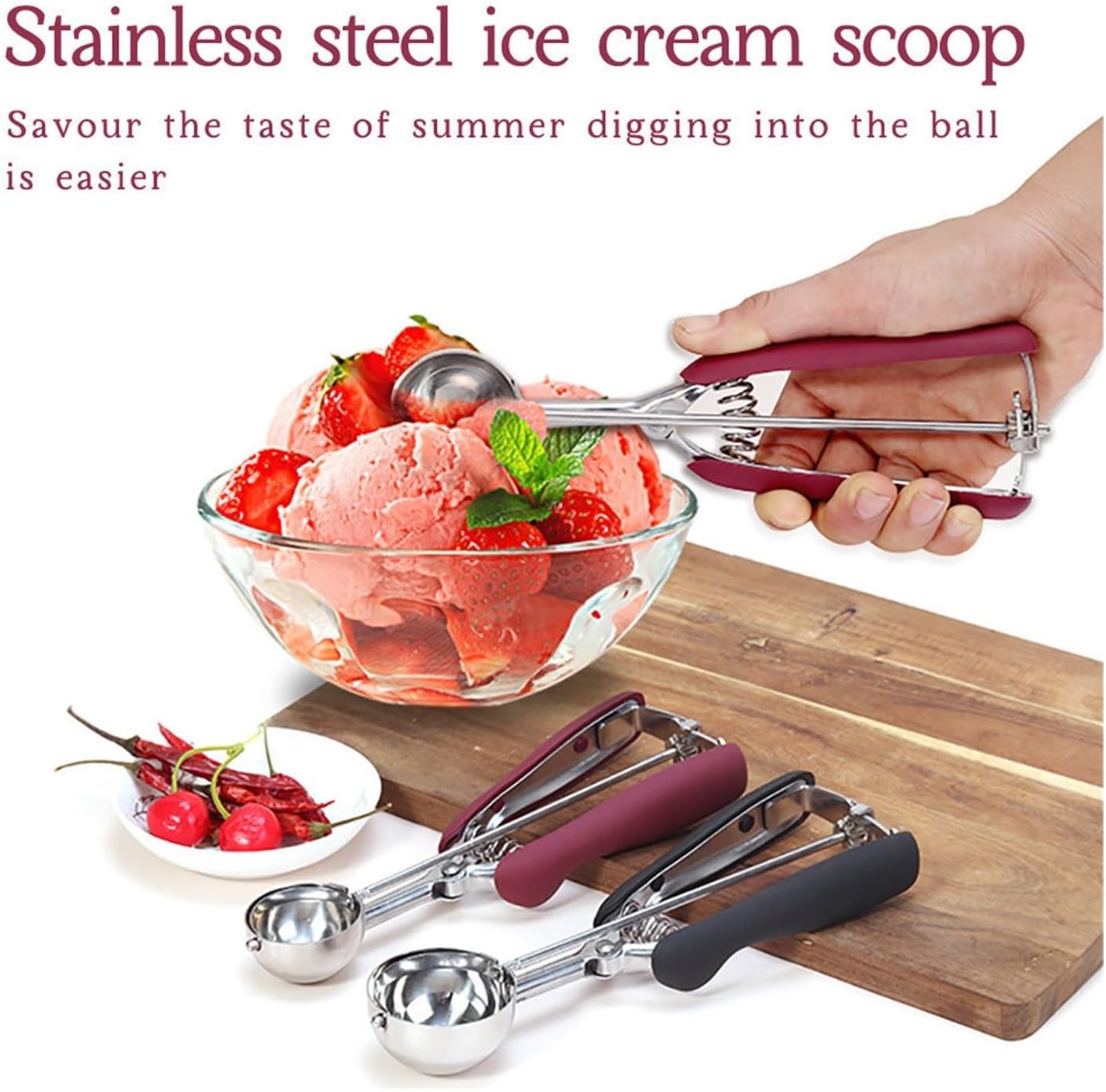 Ice Cream Scoop Stainless Steel Cookie Dough Spoon Fruit Potato Watermelon Digging Ball Spring Handle Scoop Kitchen Accessories(Wine Red 3Pcs)