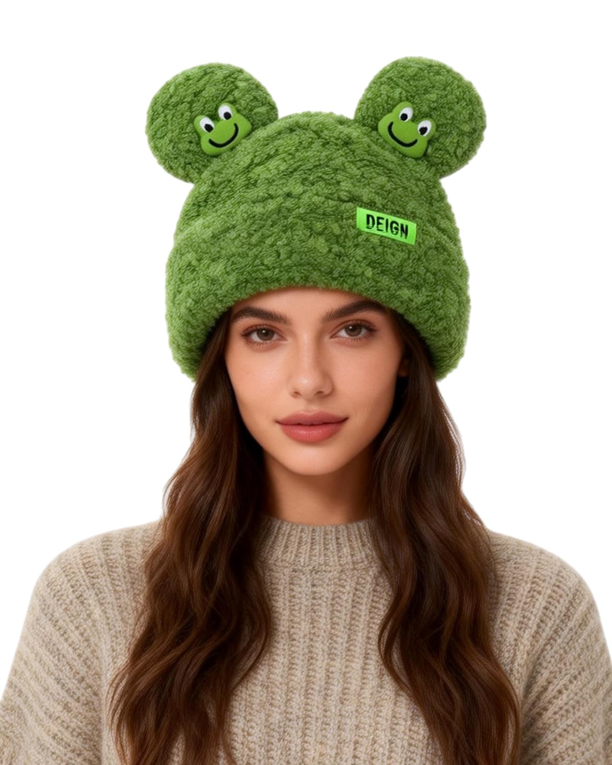 BOLLEY JOSS Women's Acrylic Knitted Frog Beanie Hat, Green, One Size