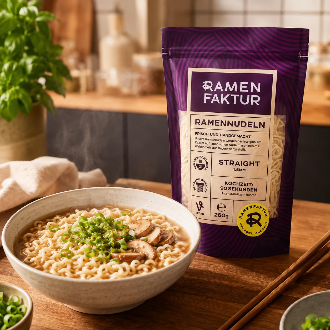 Ramenfaktur Ramen Nudeln Straight - Frische japanische Weizennudeln, handgemacht in Bayern, vegan, für authentische Ramen-Suppen, 12 x 260g Beutel