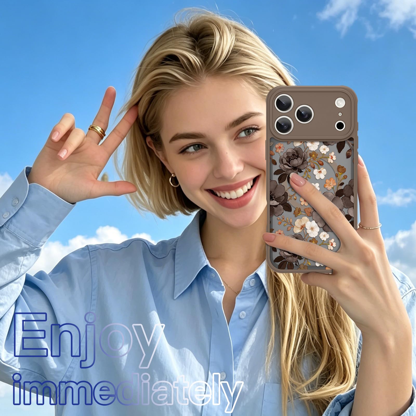 LSL Funda magnética para iPhone 17 Pro Max compatible con MagSafe, bonito diseño de flores, funda protectora de TPU a prueba de golpes para mujeres y niñas, color marrón