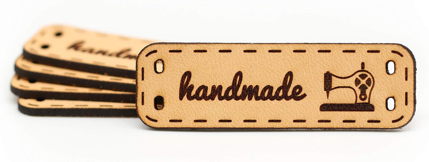 Flat Personalized Handmade Leather Label - Sewing Machine Mod. HMA - Leather Handmade Labels for Hand Made Crafts, Veg Tanned Leather Tags (Customized Text - 30 Pieces)