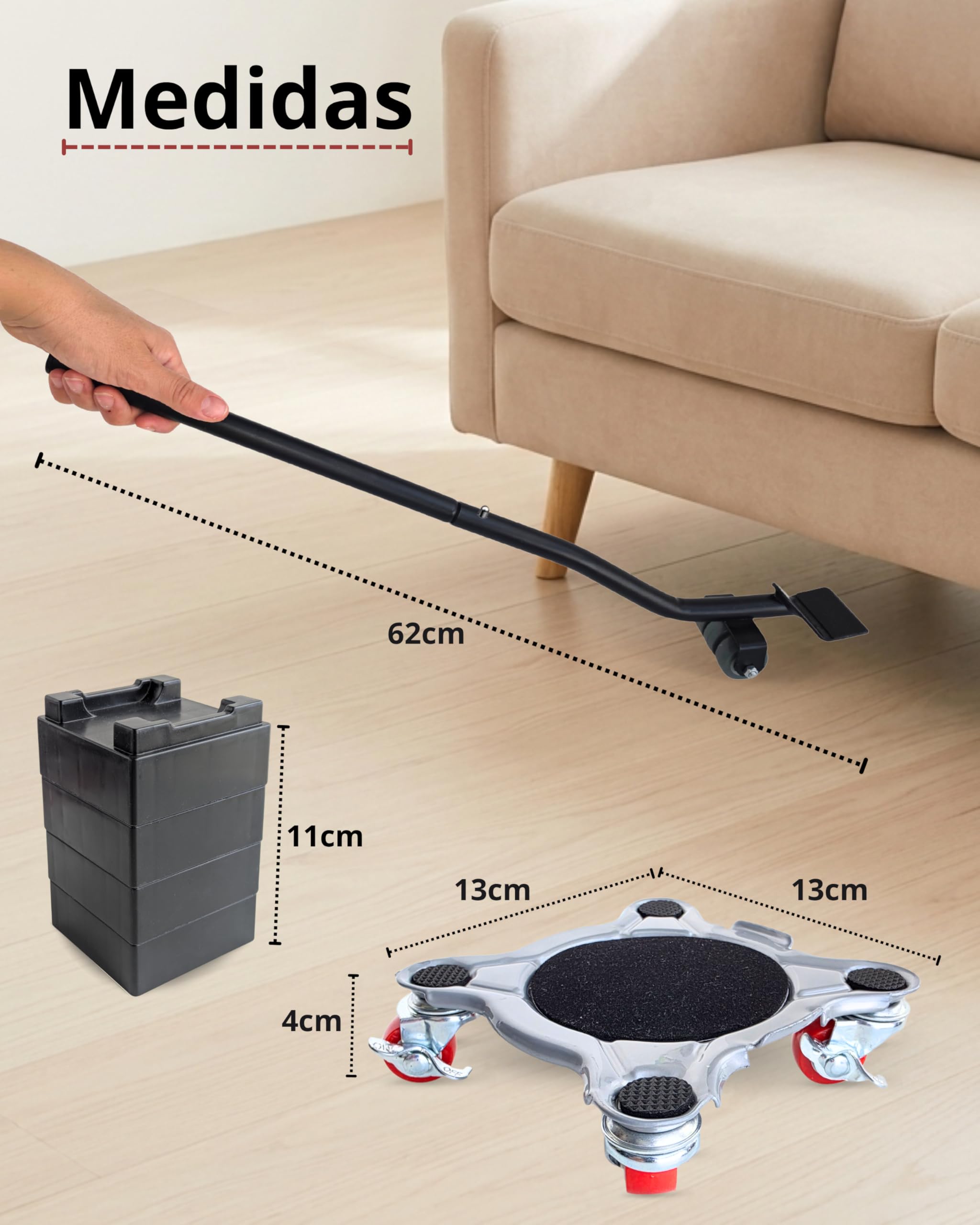 Kit para Mover Muebles Pesados | 4 Plataformas Acero Reforzado con 5 Ruedas 360° y 2 Frenos | Palanca Elevadora Extensible | hasta 800 kg | Protege Parquet y Suelo