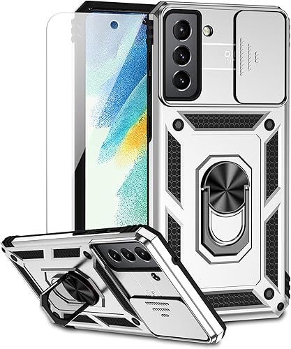 Miniatura 1 de Funda para Samsung Galaxy S21 FE 5G con cubierta para lente de cámara, protector de pantalla HD, soporte de anillo magnético probado contra caídas