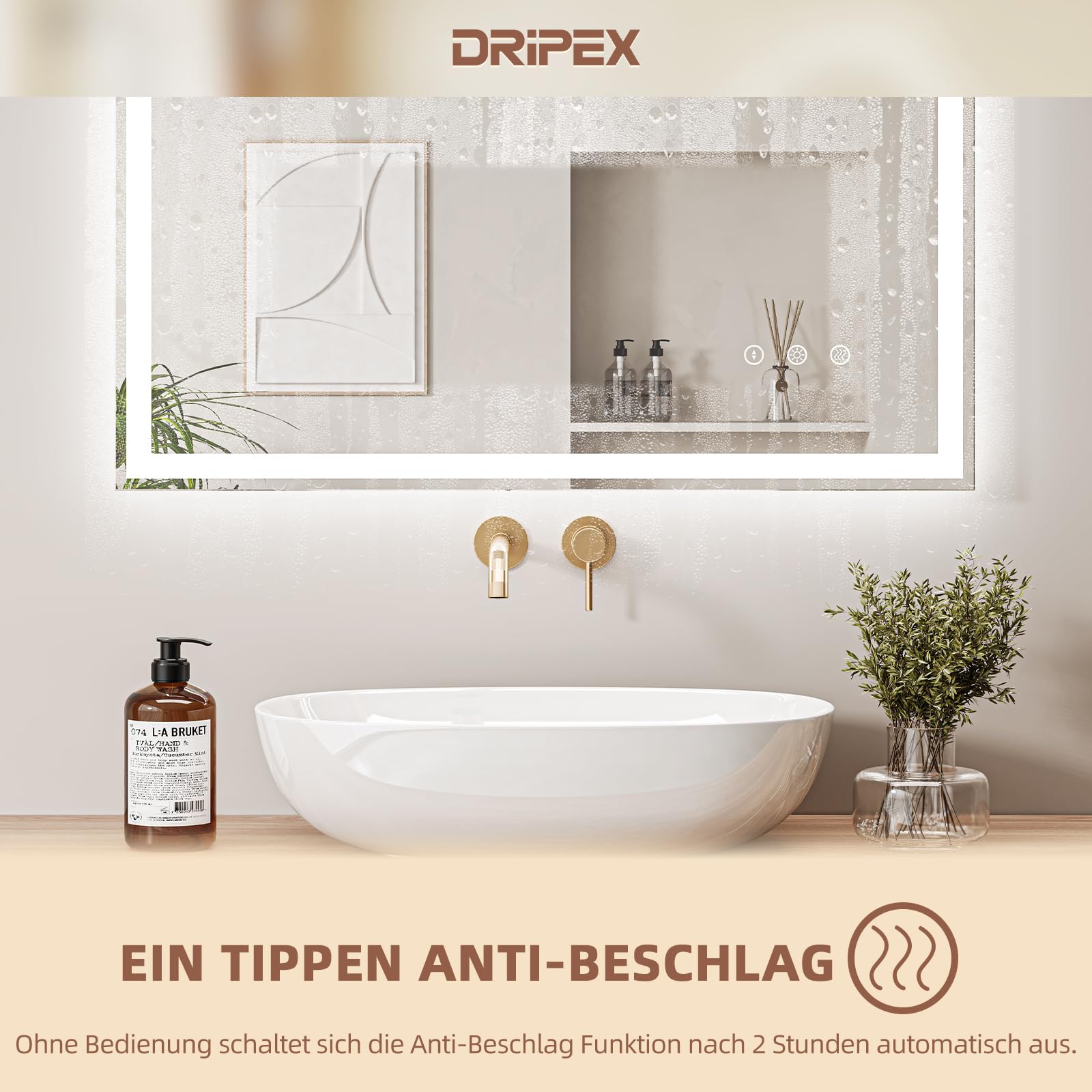 Dripex Espejo de Baño con Luz LED 100 x 80 cm, Interruptor Antivaho Independiente, 3 Temperaturas y Brillo Ajustable, Memoria, con Botón Impermeable Físico - Horizontal/Vertical