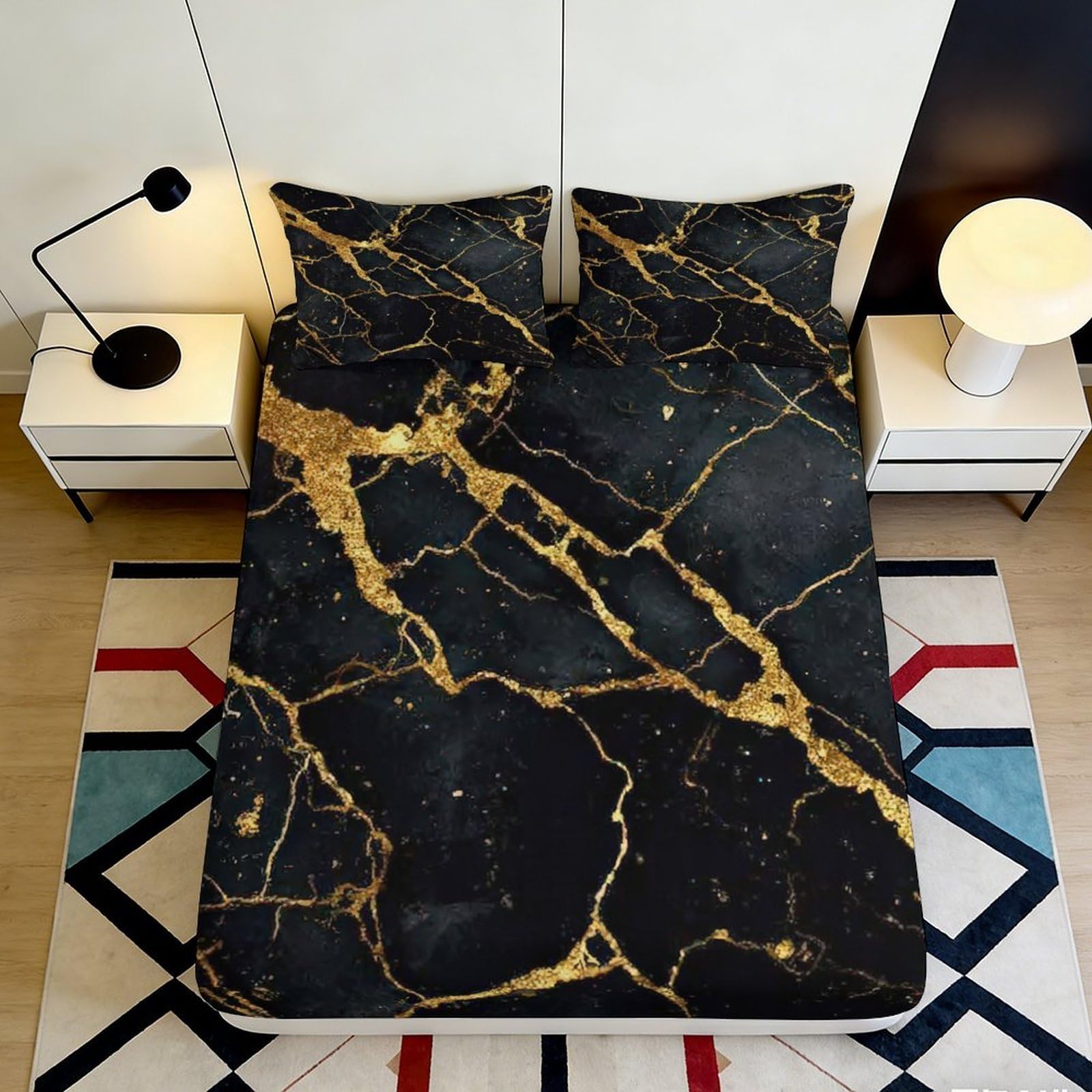 3D Printed Black Gold Marble Fitted Sheet Microfiber Soft Breathable Abstract Vein Mattress Cover Bedroom Dorm Decor 90x200x25cm