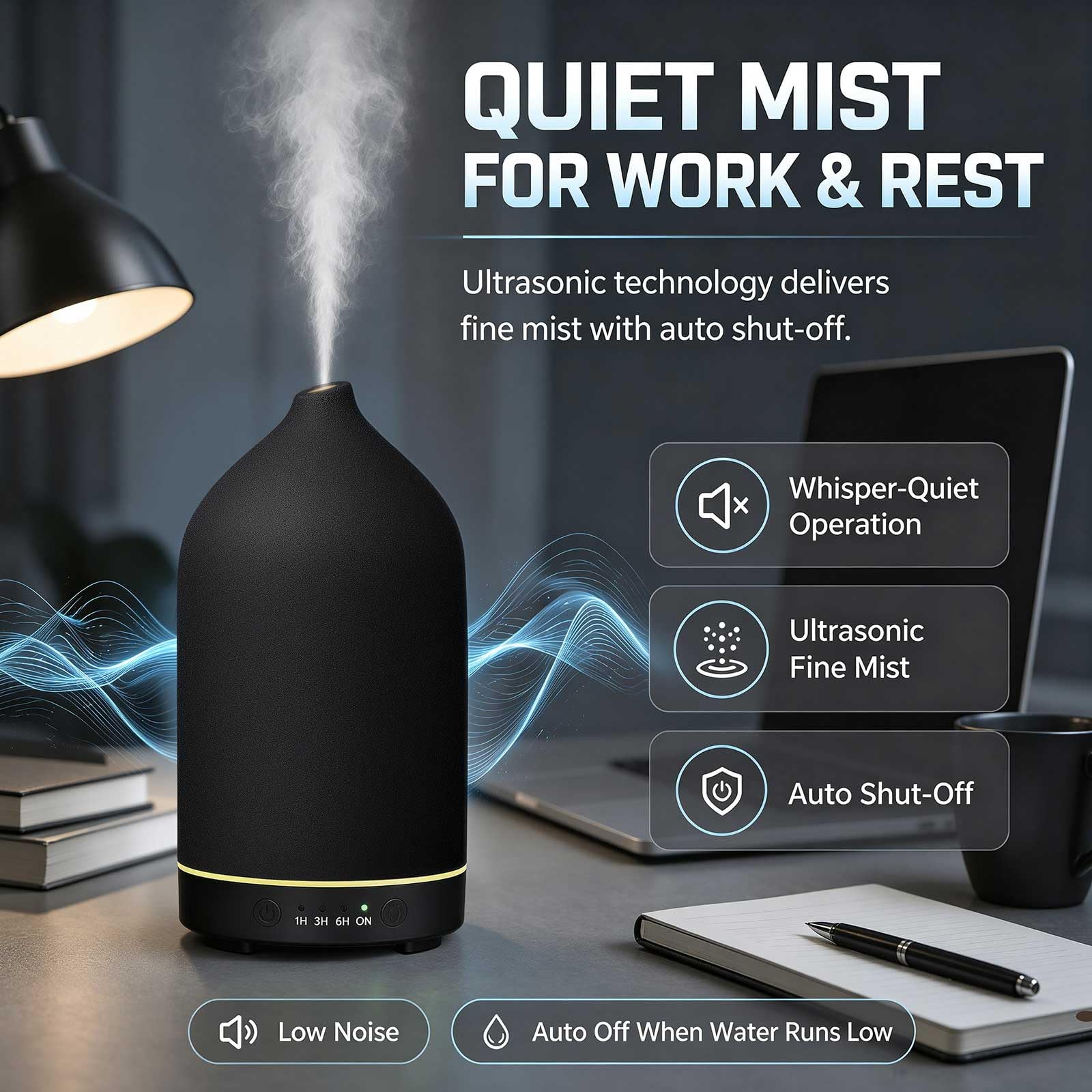 Gooamp Diffuseur en céramique de 200 ml, diffuseur d'aromathérapie, diffuseur d'huiles essentielles avec 7 lumières de couleur, arrêt automatique pour la maison, le bureau, la chambre, noir