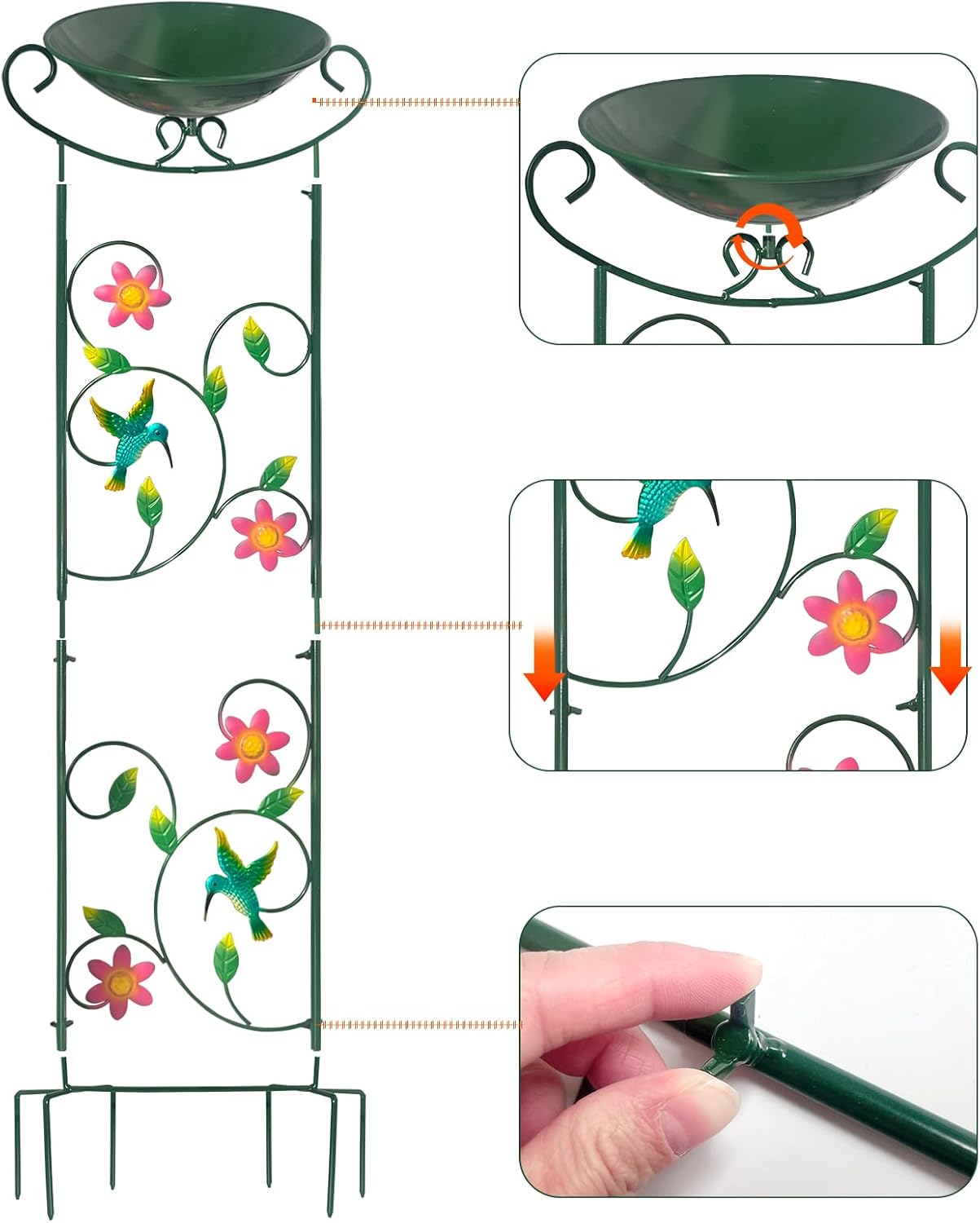 HONGLAND Metal Bird Bath with Trellis, 35" Outdoor Garden Birdbath with Detachable Bowl & Climbing Plant Support, Decorative Bird Feeder Station with Hummingbird for Yard, Patio, Fence