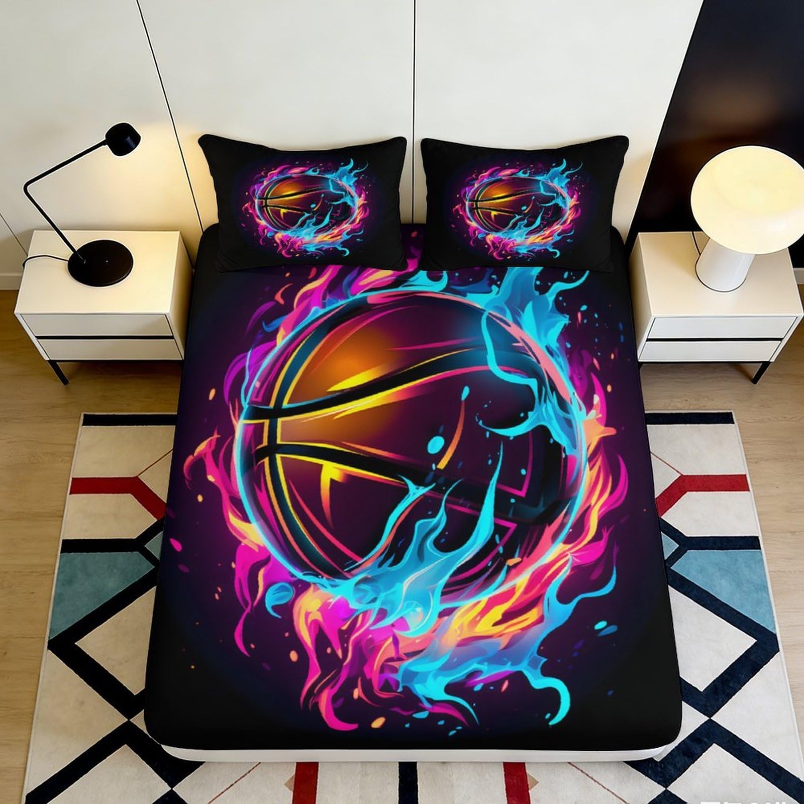 Jqzkxnhpbr Style-9 3D Printed Neon Basketball Fitted Sheet Microfiber Soft Vibrant Fire Splash Bed Sheet For Bedroom Dorm Decor 90X200x25cm