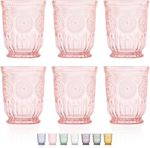 Miniatura 18 de Vasos pequeños vintage transparentes para beber, juego de 6 vasos de vidrio de 8 onzas con un diseño único con base y diseño de vidrio prensado