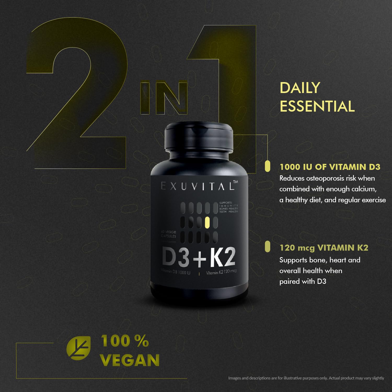 D3 & K2 Vitamin Supplement, Vegan D3 1000 IU & K2 MK7 120 mcg for Bone, Heart & Immune Support, Non-GMO, Gluten-Free, 60 Vegan Capsules, 2 Months Supply — Amazon image 2