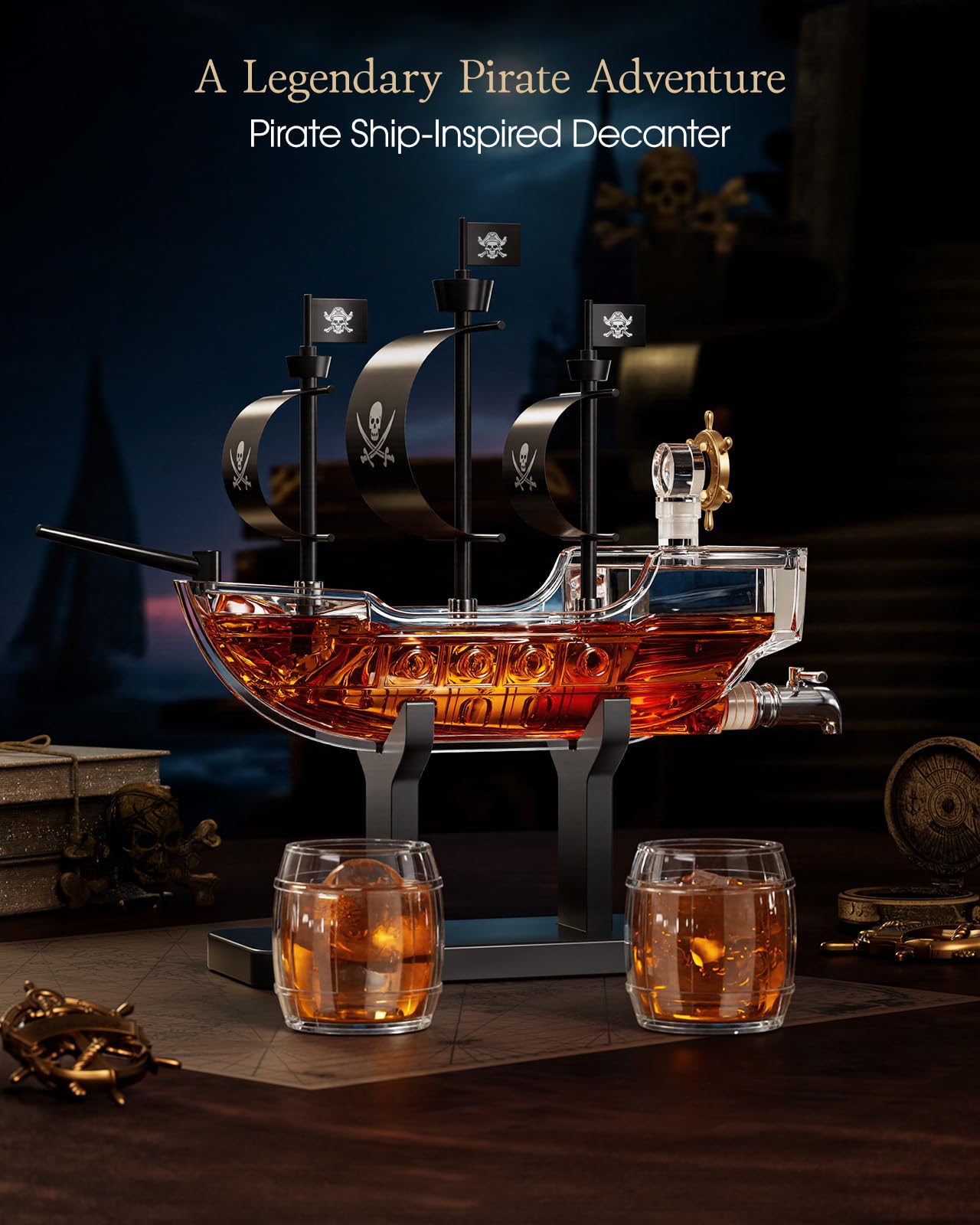 Kollea Birthday Gifts for Men Dad, Piratenschiff Whisky Dekanter Set mit 2 Gläsern, Spirituosenspender für Home Bar, lustige Geschenkideen für ihn, Freund, Jubiläum, Seemann & Kapitän