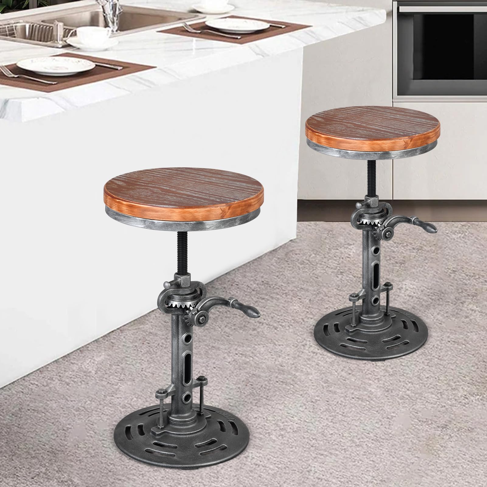 Taburete de manivela industrial antiguo de bricolaje con base de hierro fundido Taburete de bar de diseño de metal de altura ajustable Silla de barra de 9
