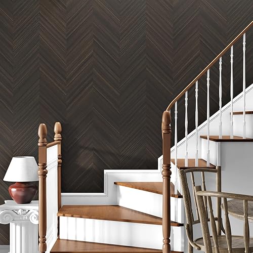 Miniatura 5 de Wallercity Papel tapiz de espiga marrón de 24 x 118 pulgadas, papel tapiz de rayas modernas, papel tapiz de grano de madera para gabinetes, papel de