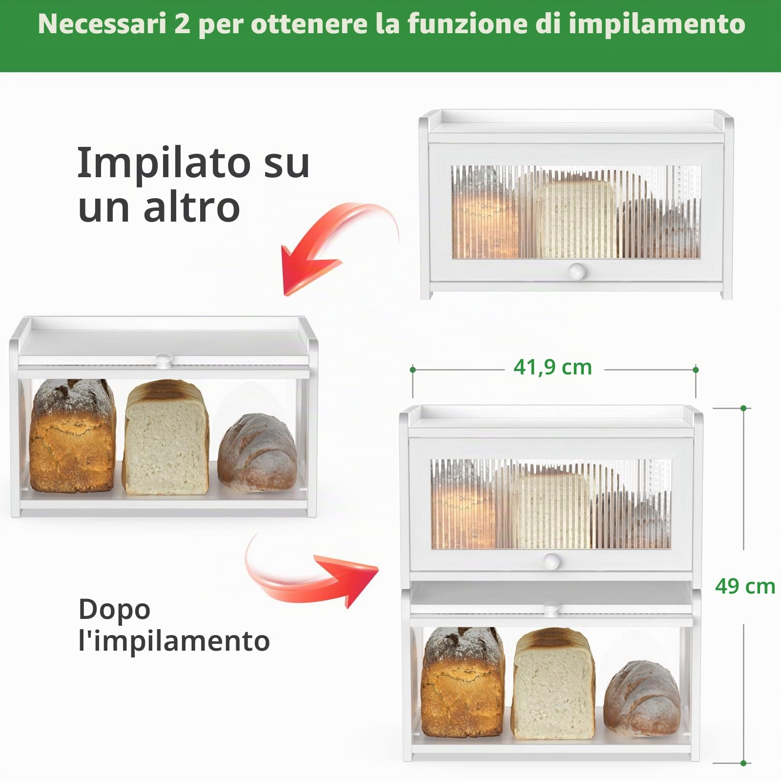 BAMBANG Scatola per pane in bambù per bancone della cucina, grande capacità, contenitore per pane in fattoria, con 3 lati ondulati e finestra trasparente sul retro, contenitore per pane fatto in casa