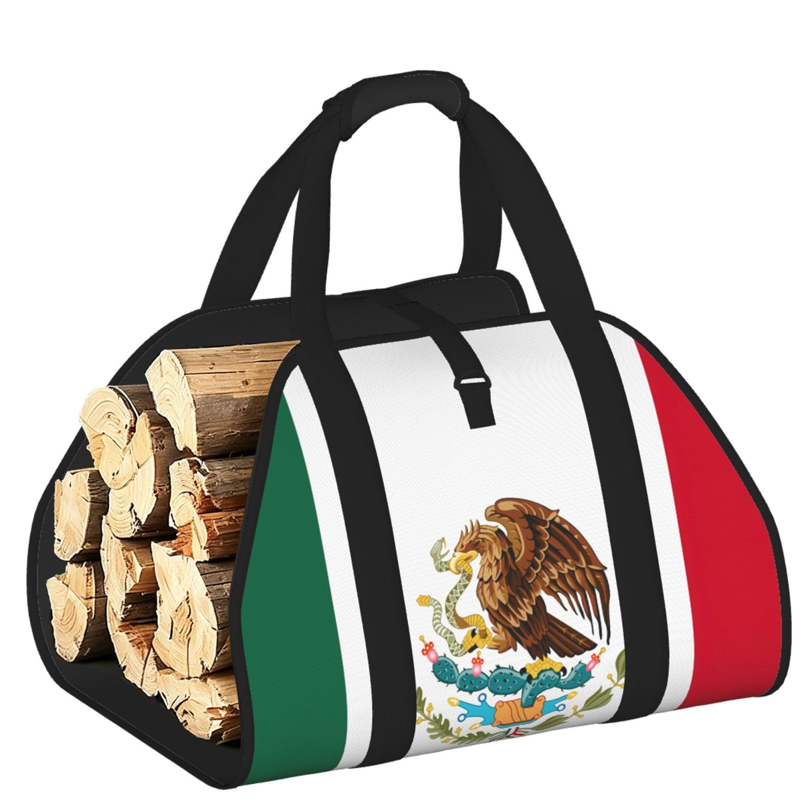 Pphgut Black Flag Of Mexico Print Firewood Bag Wood Carrier Transport Sack Camping Picnic Storage Daily Home