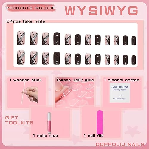 Miniatura 2 de QQPPOLIU Uñas postizas cuadradas medianas de color rojo oscuro, uñas postizas a presión, uñas postizas para niñas, con patrón geométrico con