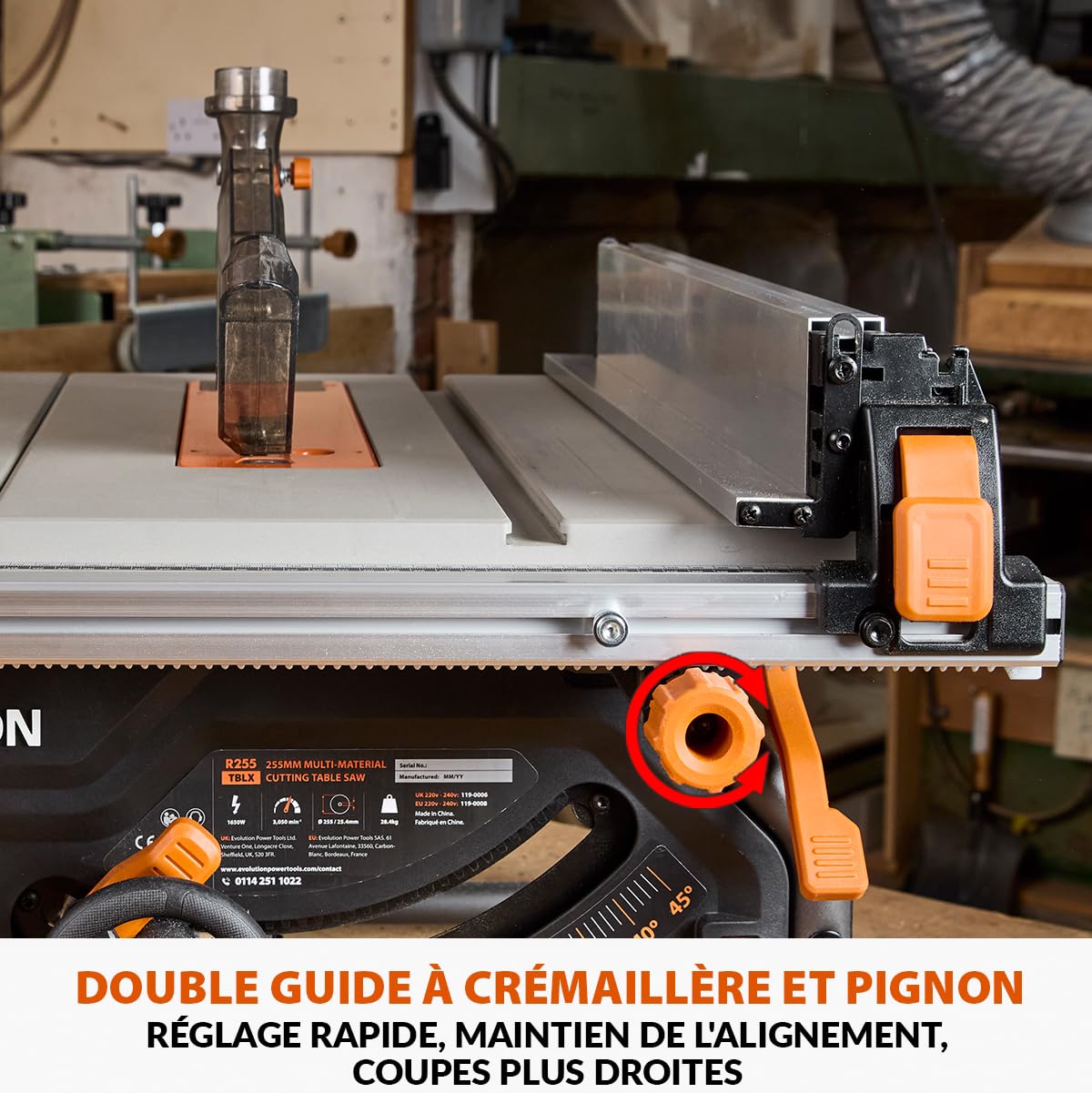 Evolution Power Tools R255TBL+ Scie De Table Rage 5-S Lame Multi-Matériaux 1800W Coupe Bois Métal Plastique Chanfrein 45° Onglet +/-60°