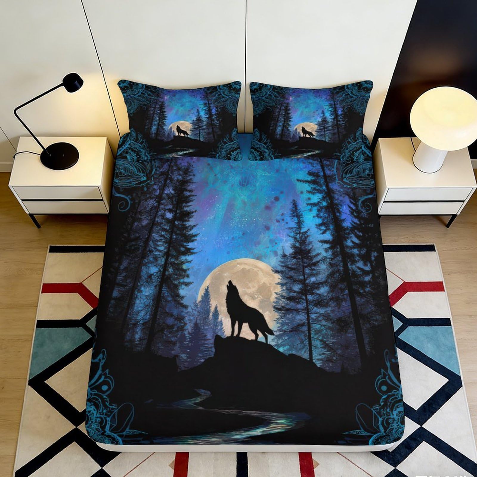 3D Printed Moonlit Wolf Forest Fitted Sheet Microfiber Anti-Slip Bed Cover for Bedroom Dorm Decor Easy Care 90x200x25cm
