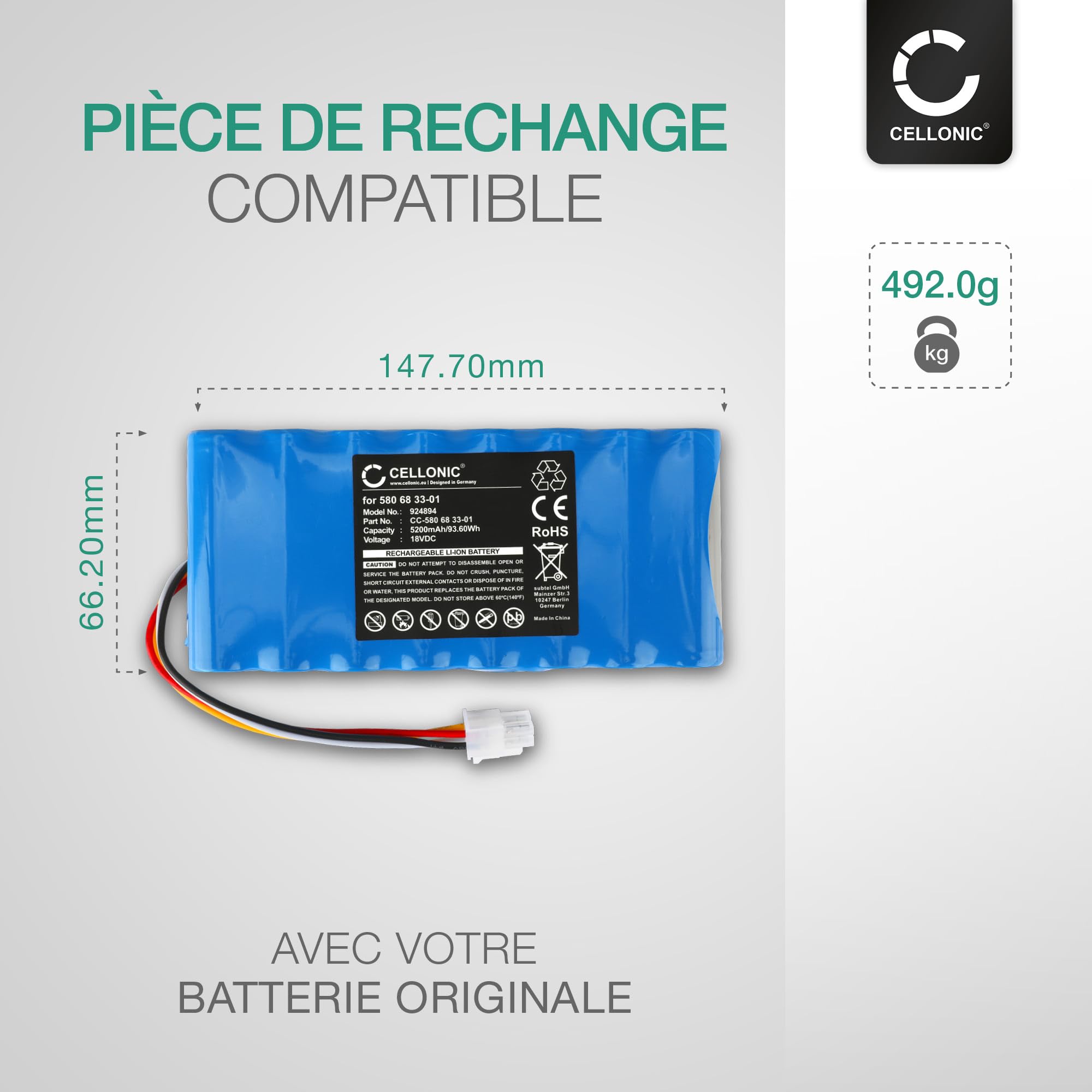 CELLONIC® Premium Batterij 18V, 5200mAh, Li Ion compatibel met Husqvarna Automower 420/440 / 320/550/ 520 Vervangende Accu 580 68 33-01, 580 68 33-02,580 68 33-03, 588 14 64-01 Battery