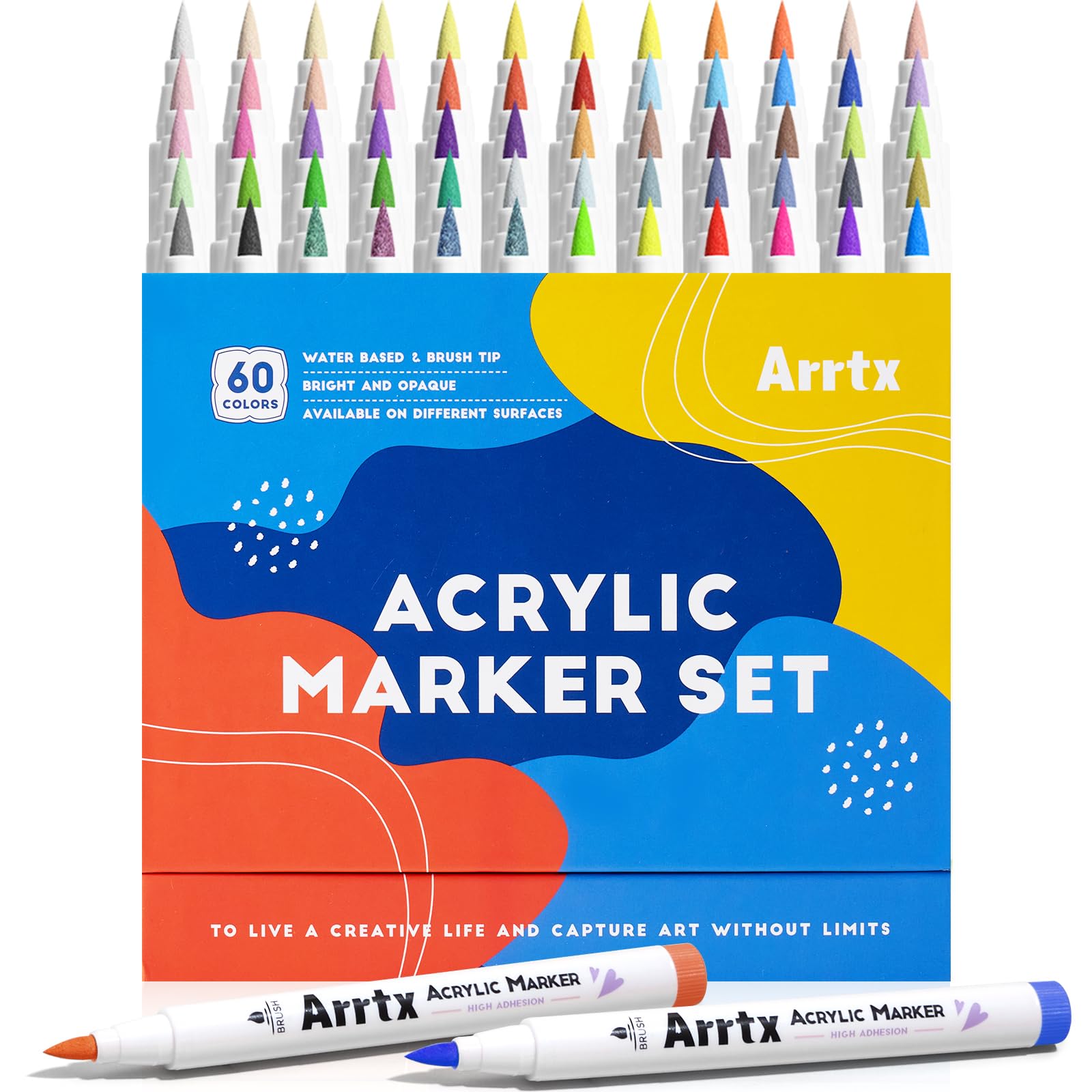Arrtx Acrylic Paint Pencils 60A,Brush Tip Acrylic Markers for Stone Painting,Glass,Stone,Wood,Ceramic Fabric,Gift Box,Multicolor