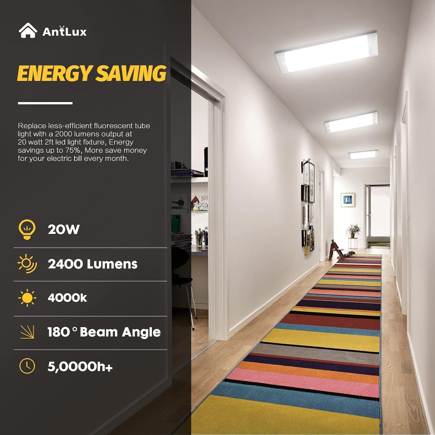 ANTLUX 2FT Wraparound Puff Lights, 20W/2400LM, 4000K, 2 Foot Kitchen LED Ceiling Lighting Fixtures, 24 Inch LED Linear Flush Mount Light for Laundry Closet Garage, Fluorescent Tube Replacement