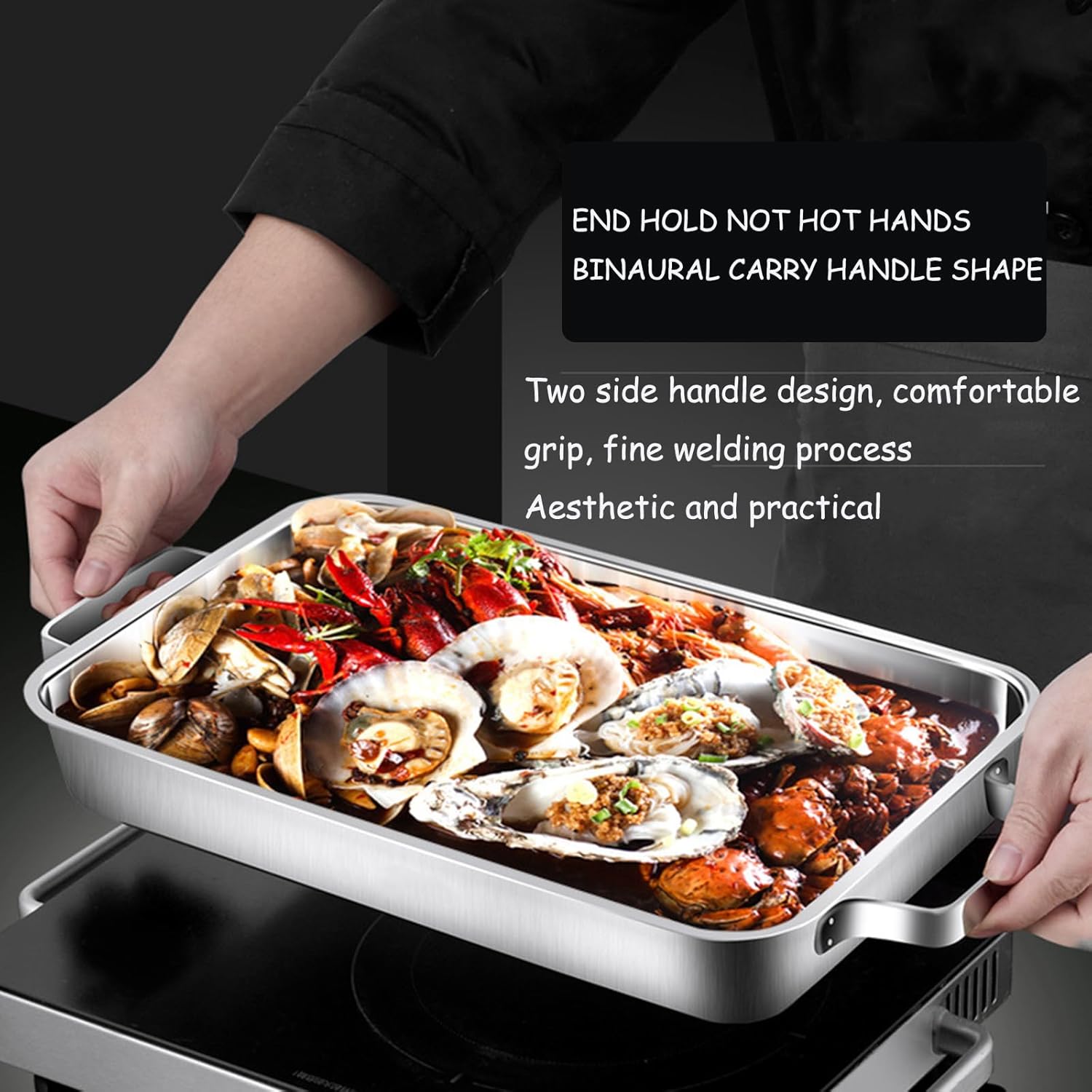 Rectangular Deep Roasting Pan with Double Handle Stainless steel Turkey Roaster Fish Baking Sheet Lasagna Pan Service Plate Tray for Chicken, Meat & Vegetables, Oven Dishwasher Safe (Silver,42x28cm)