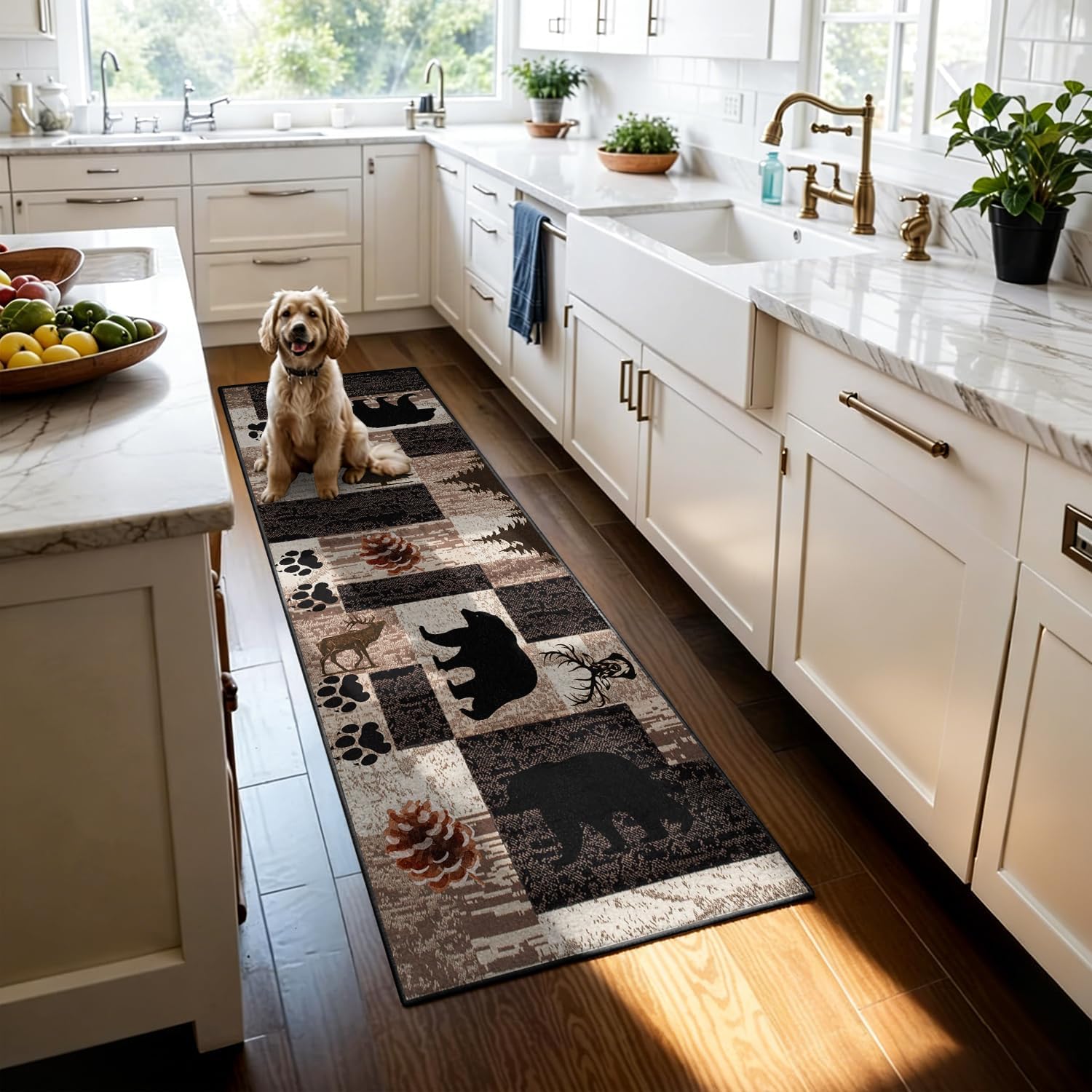 Rustic Lodge Runner Rug,2.6x7ft,Western Country Bear Elk Deer Wildlife Log Design,Forest Landscape Hunting Theme Rug,with Non Slip Backing Washable Rugs, Non Slip Pet Friendly Rug for Hallway
