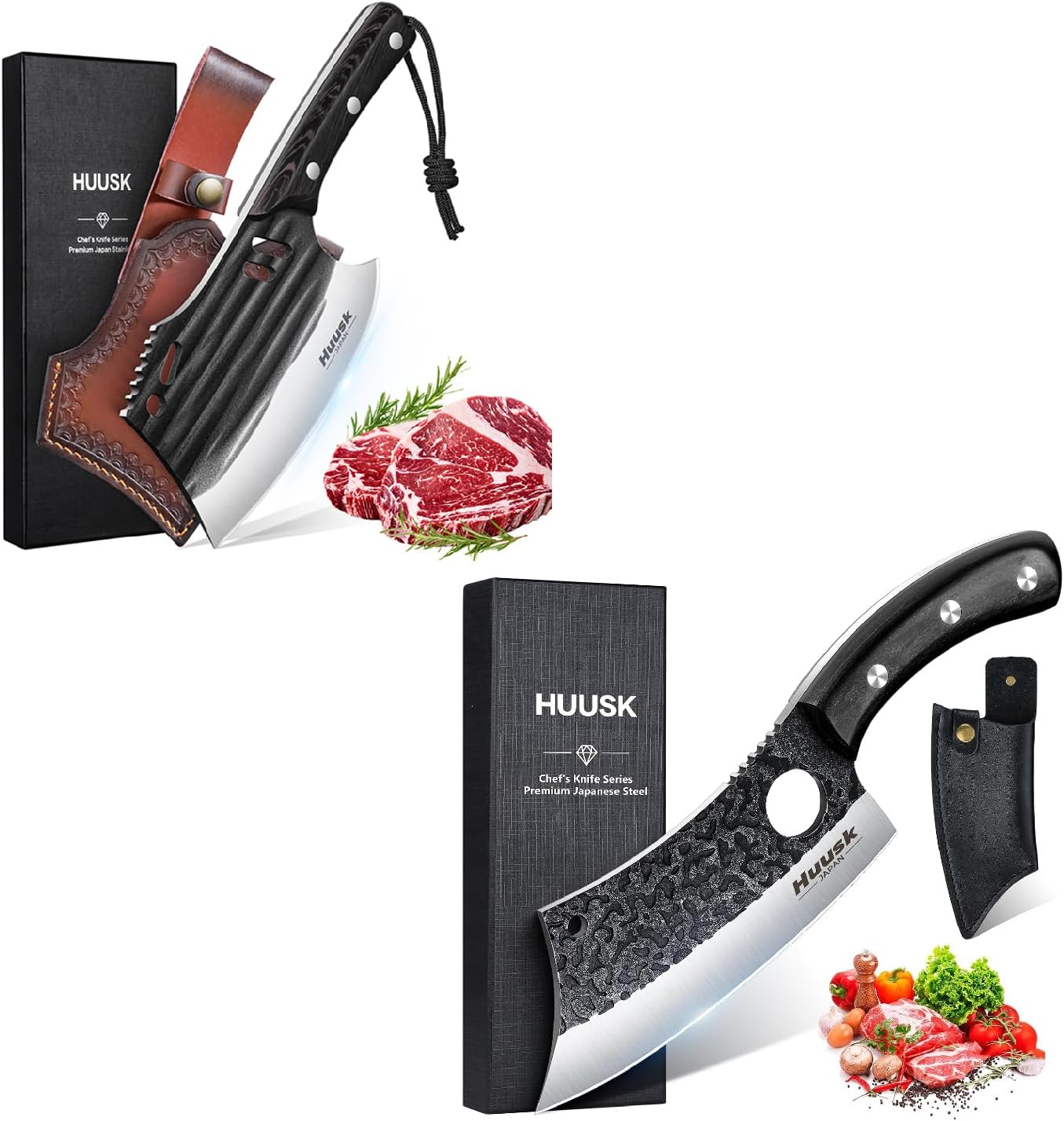 Huusk Knives Japan, Hand Forged Meat Cleaver with Sheath Butcher Knife for Meat Cutting, High Carbon Steel Kitchen Knife for Meat and Vegetables with Full Tang Handle for Camping BBQ, Gift for Men